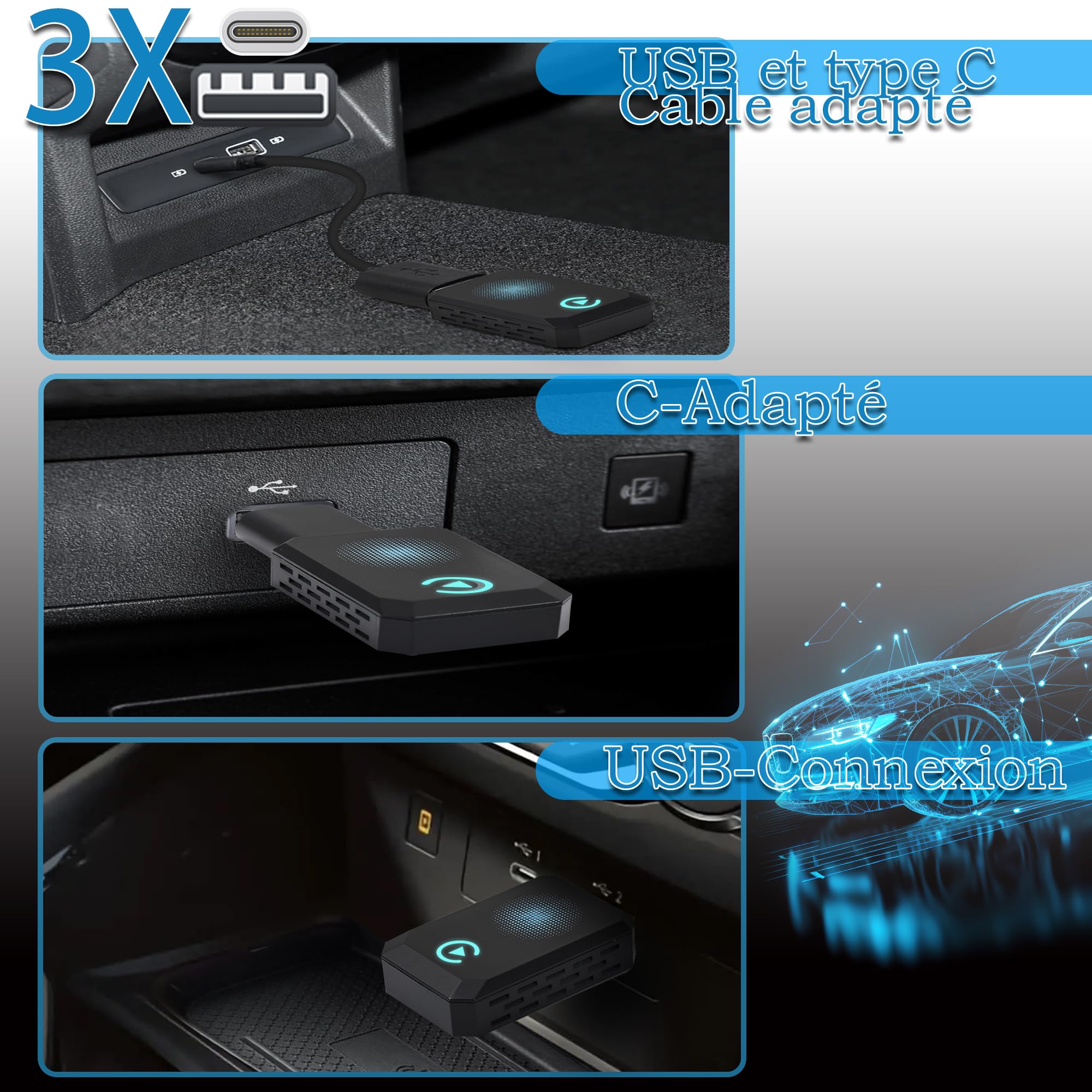 Adattatore CarPlay Wireless, Compatibile con A-pple CarPlay, Plug and Play, Type-C/USB, Adatto A Oltre 800 Veicoli (blu)