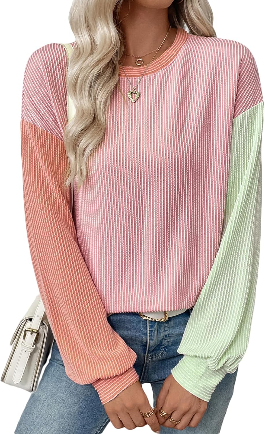 EVALESS Womens Long Sleeve Tops Fall Fashion 2025 Crewneck Color Block Ribbed Knit Casual Loose Fit Pullover Shirts