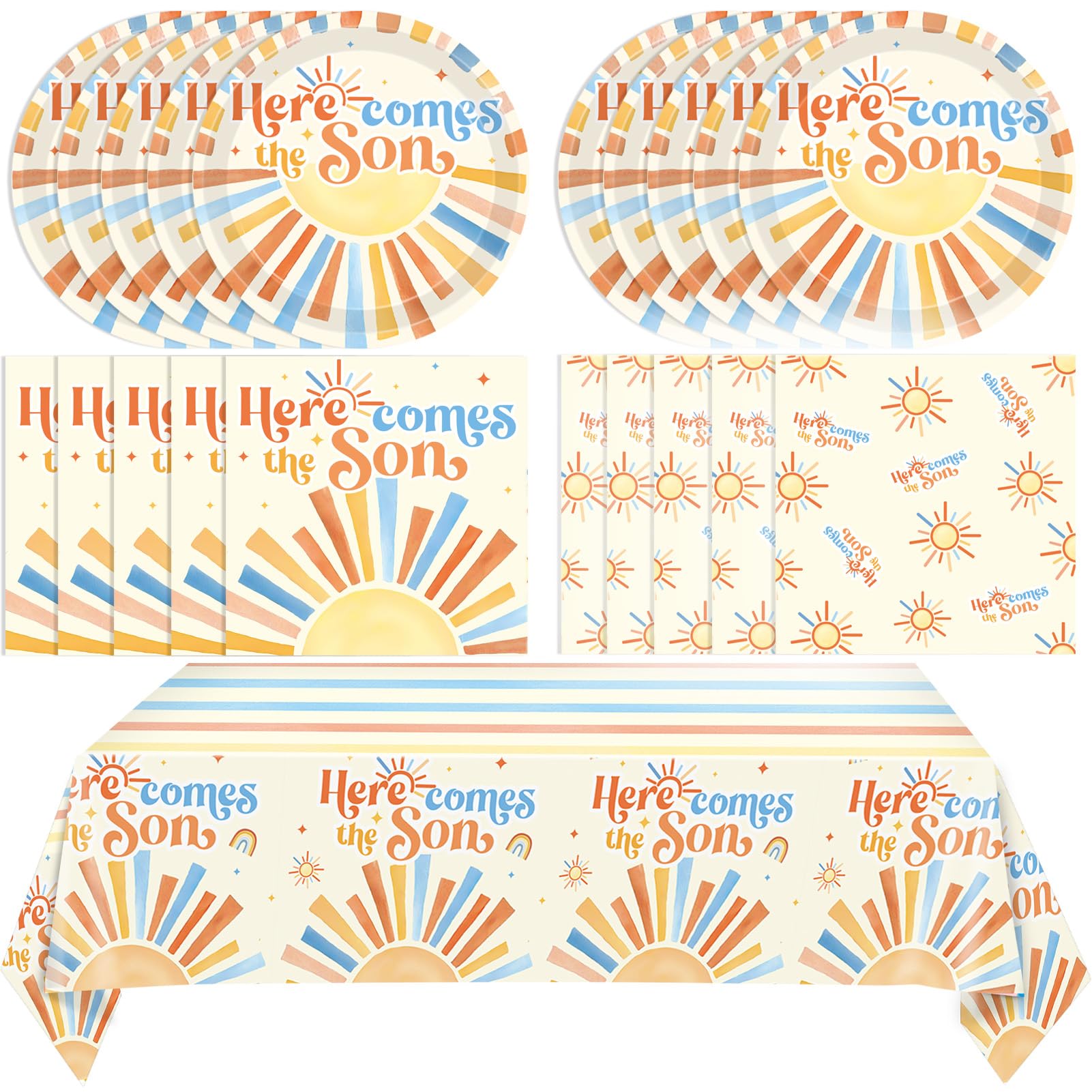 Here Comes The Son Baby Shower Decorations,Boho First Trip Around The Sun Party Supplies,Disposable Dessert Plate,Napkin,Tablecloth for It's A Boy Gender Reveal,Sun You Are My Sunshine Baby Shower