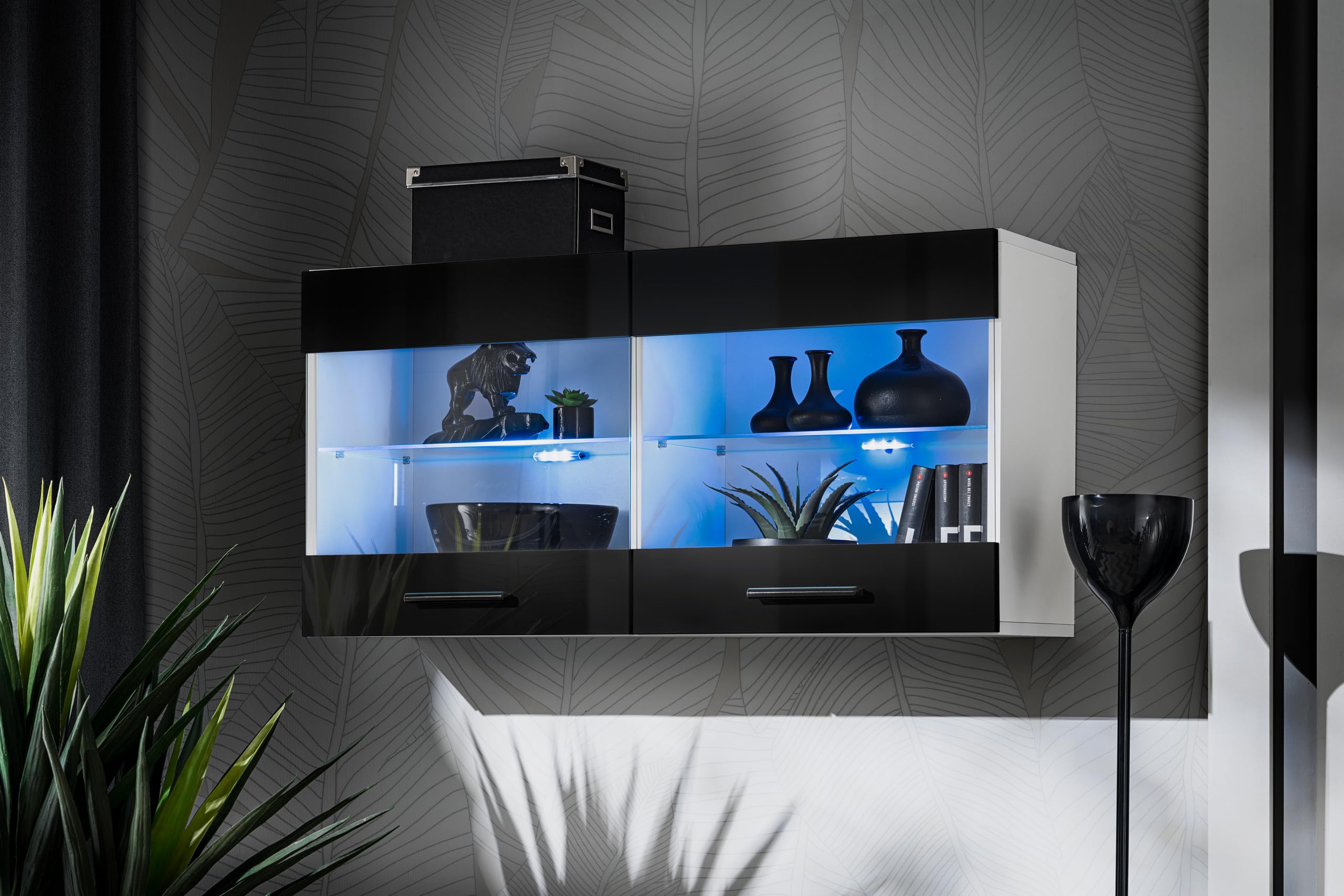 Komodee, Vitrine Schrank Savona, Breite 100cm x Höhe 50cm x Tiefe 30cm, 2 Glasböden, 2 Türen, für Wohnzimmer, Küche