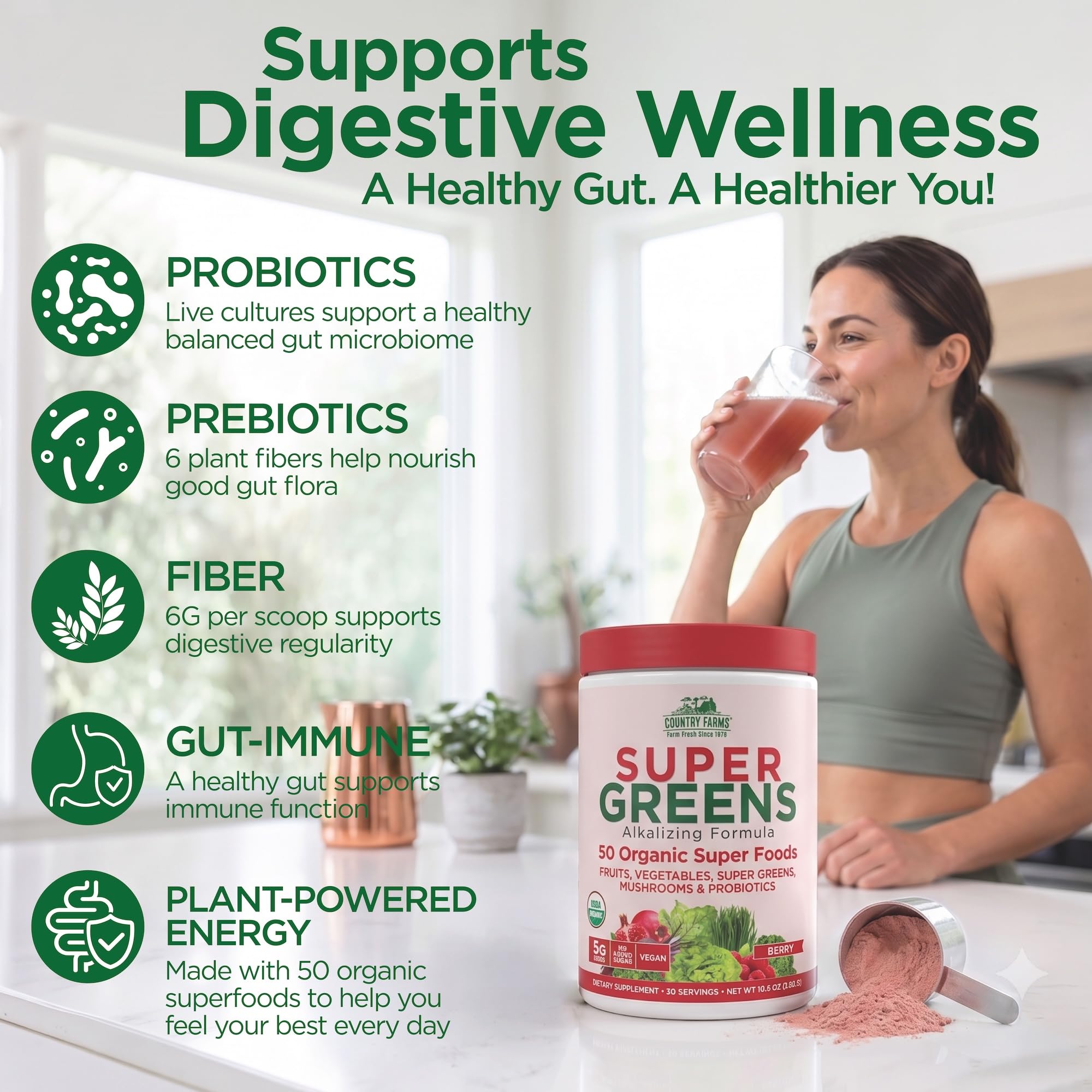 Country Farms Organic Super Greens Powder, Daily Greens Drink Mix with 50 Organic Superfoods, Fruits, Vegetables, Fiber, Mushrooms & Probiotics for Gut Health, Digestion & Energy, Berry Flavor — Amazon image 6
