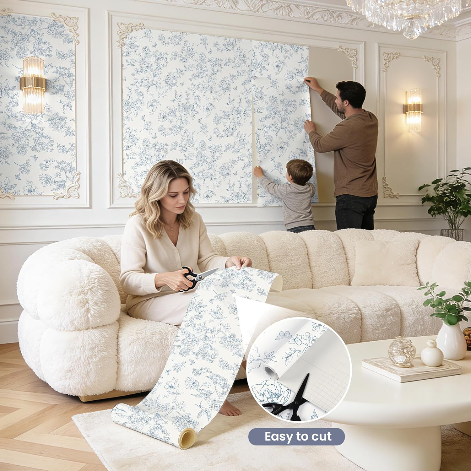 Floral Peel and Stick Wallpaper- Cream White and Blue Vintage Flowers Contact Paper for Bathroom - Boho Removable Self Adhesive Vinyl Wall Paper for Decor Shelf Linings and Cabinets,17.3" x 393"