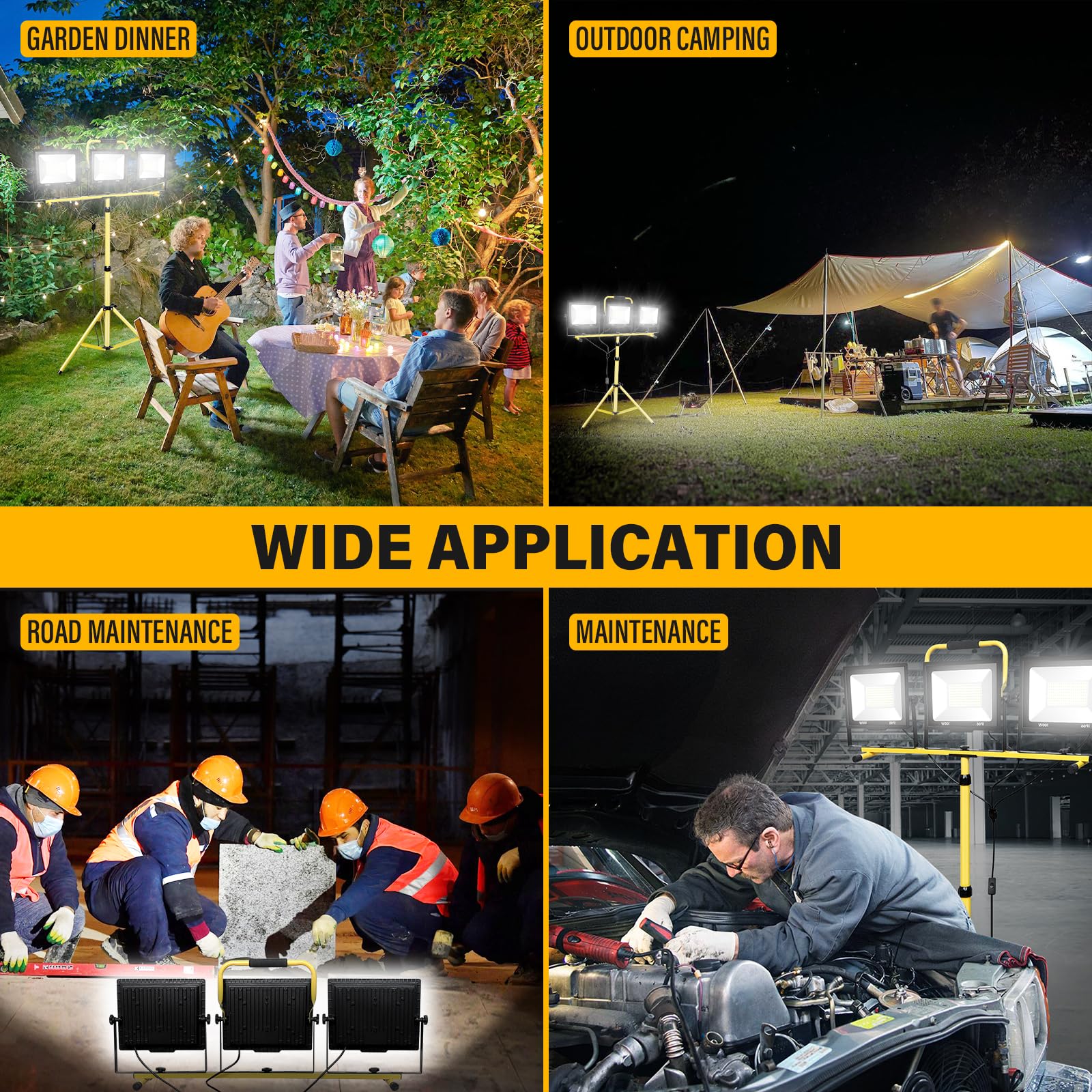AUXTINGS 3 Stück 100W LED Baustrahler mit Stativ, 24000 Lumen LED Strahler Baustellenleuchte mit 2m HöHenverstellbar und 5m Kabel, 6000K IP66 Arbeitsstrahler für Konstruktion Werkstatt,Garage,Keller