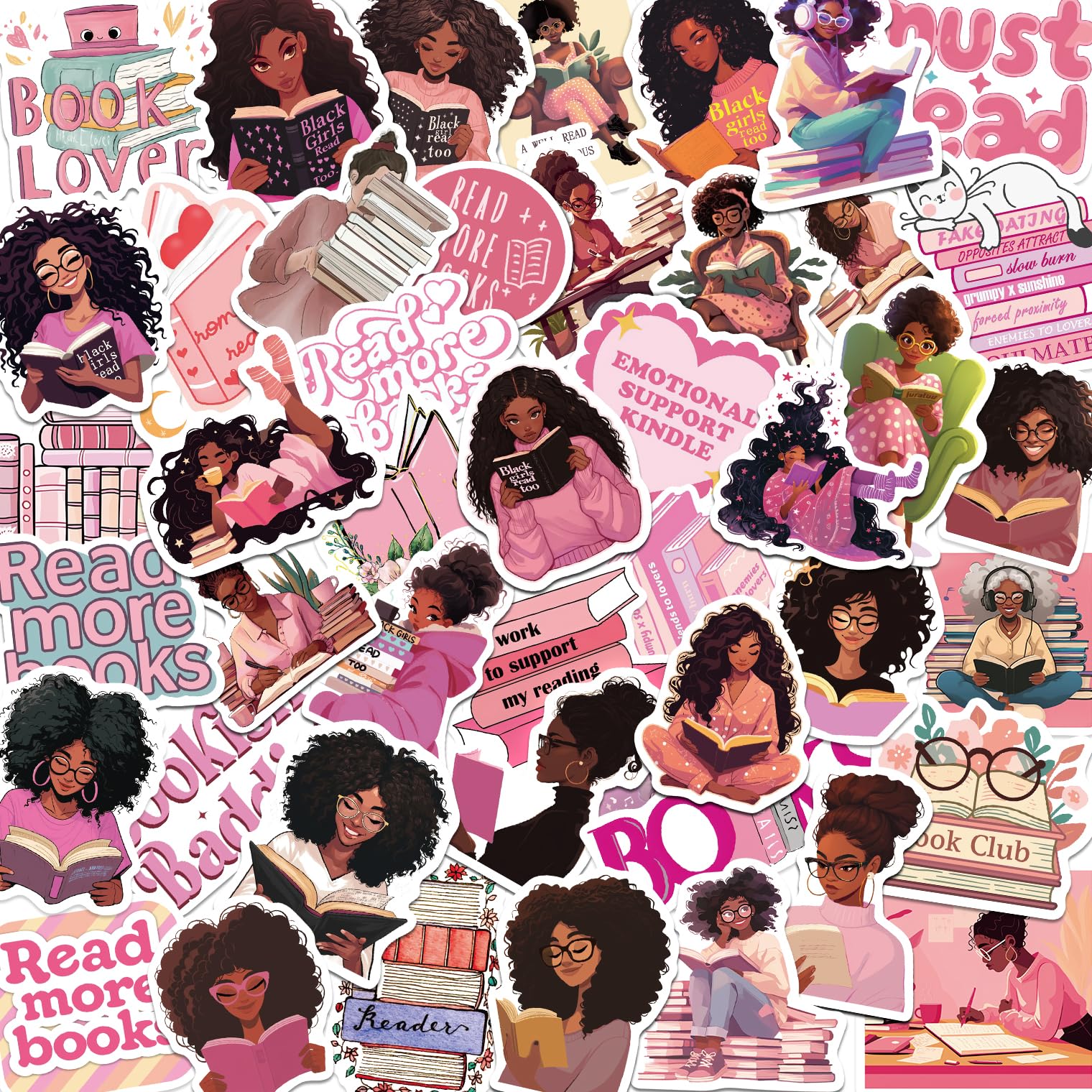 50PCS Black Girl Book Stickers for Kindle Pink Bookish Stickers Book Aesthetic Stickers for Adults Reading Stickers of Kindle Book Lover Accessories Waterproof Vinyl Stickers