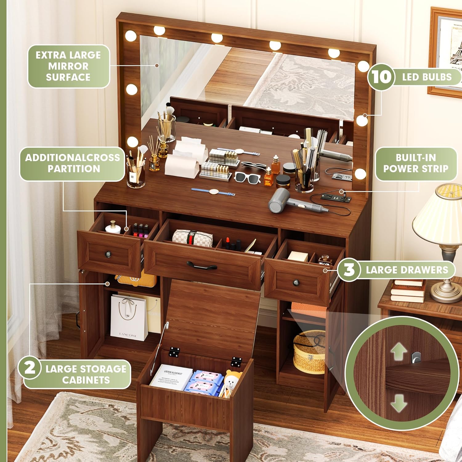 SUNCROWN Makeup Vanity Desk with Mirror and Lights, Makeup Table with Lights Desk and Chair, 3 Color Modes, Small Vanity Table with 5 Drawers foe Bedroom, Brown