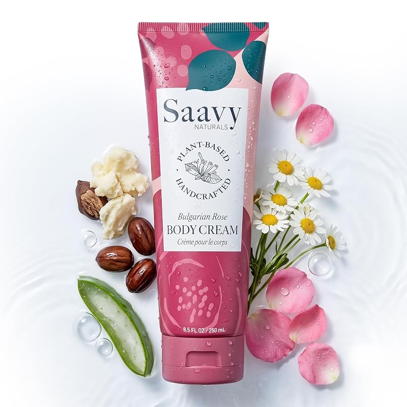 Creme corporal Saavy Naturals com manteiga de karité e óleo de jojoba, fragrância Bulgarian Rose, 250 mL