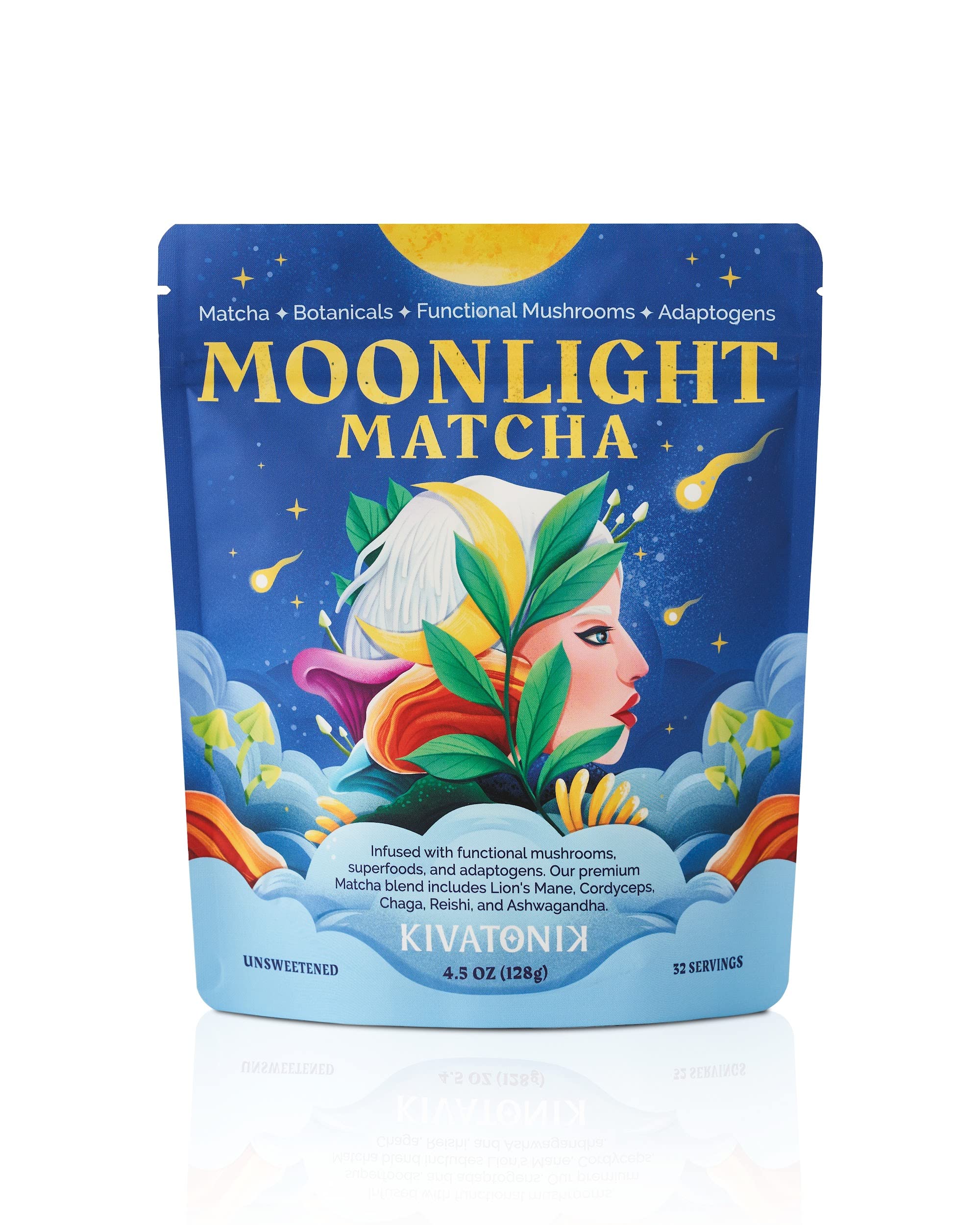 KIVATONIK Moonlight Matcha - Ceremonial Matcha with Organic Functional Mushrooms and Adaptogens - Lion's Mane, Cordyceps, Chaga, Reishi, and Ashwagandha (32 Servings, Lightly Sweetened)