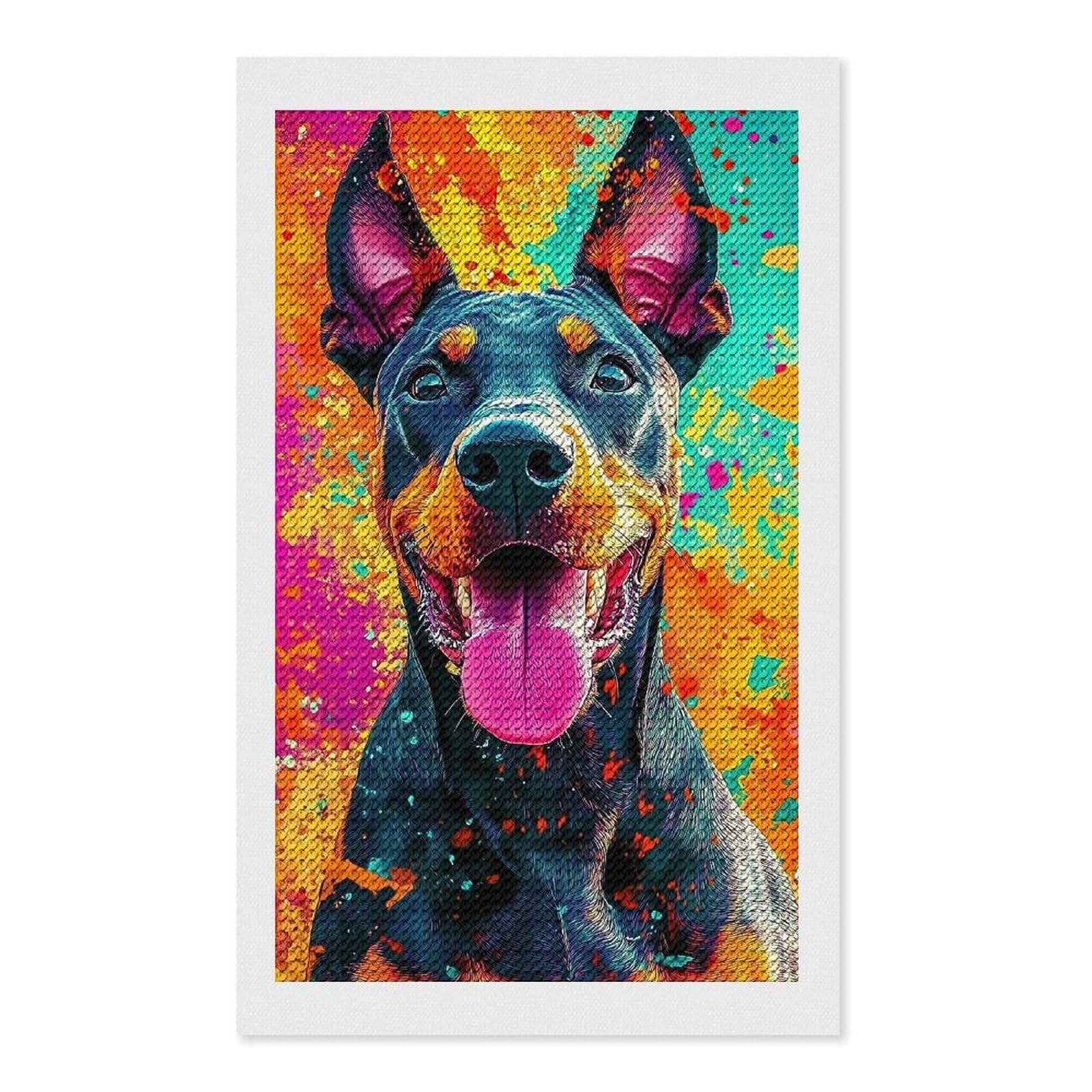 Junmoney Doberman in Splatter Art Diamond Painting Canvas Set 12"x20", Boho Decor, for Craft Lovers, Easy Handmade Project, Holiday Gift Idea
