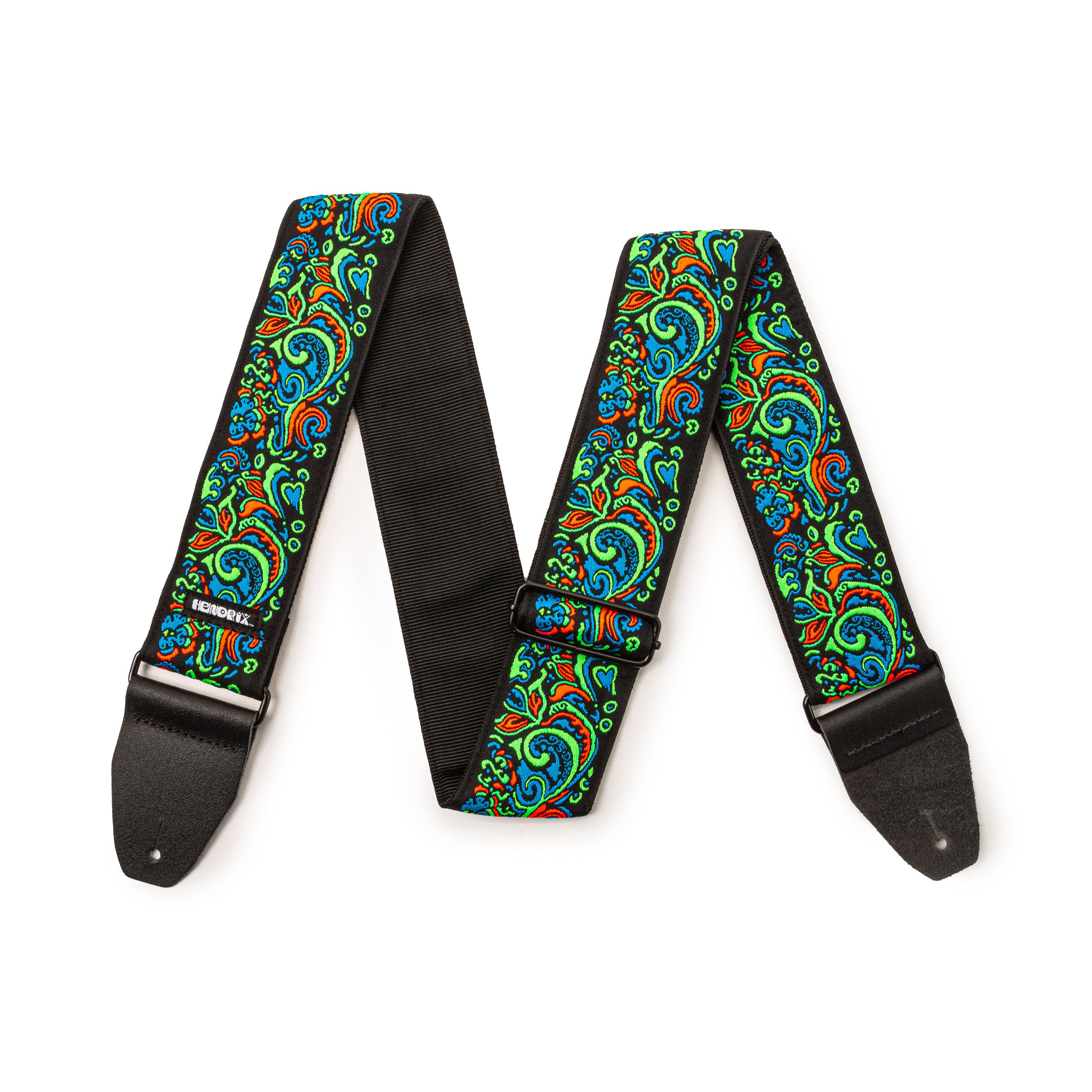DUNLOP - Tracolla JH27 Jimi Hendrix Blacklight Love Drops Blue, jacquard reattivo UV, regolabile 99–168 cm, finiture in pelle, edizione limitata