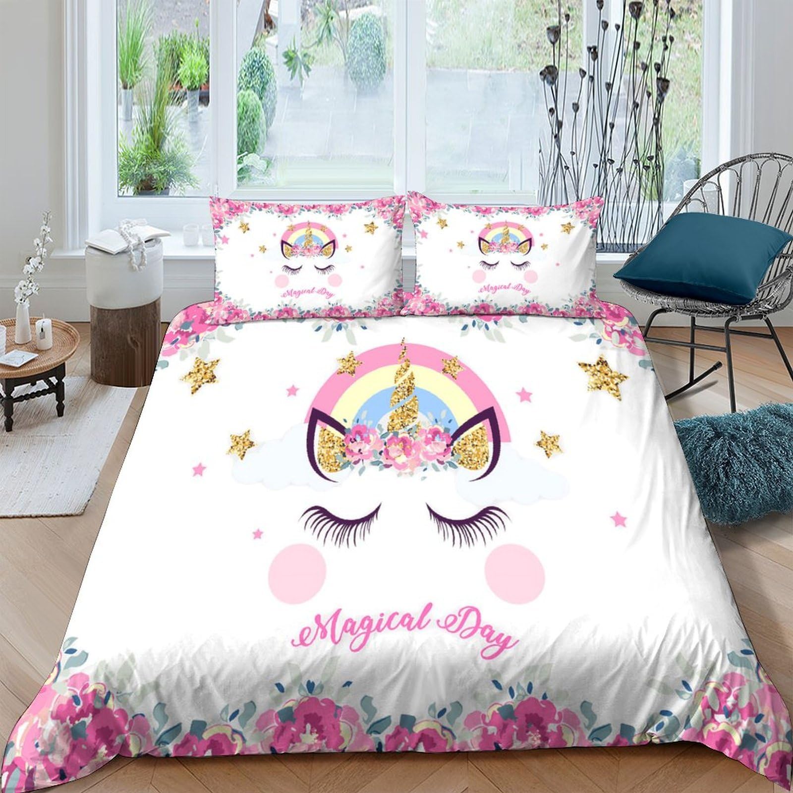 Ctjqhvkz Style-1 3D Printed Unicorn Rainbow Fitted Sheet Microfiber Soft Pink Floral Bed Cover For Bedroom Guest Room Dorm Mattress Protection Single（135X200cm）