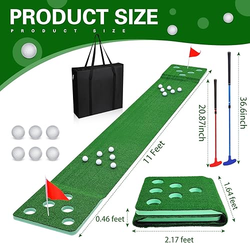 Miniatura 2 de Juego de putting de golf de 11 pies, cubierta de 2 agujeros con bandera, 6 pelotas de golf, 10 cubiertas para agujeros de golf, 1 bolsa, 2 tapetes