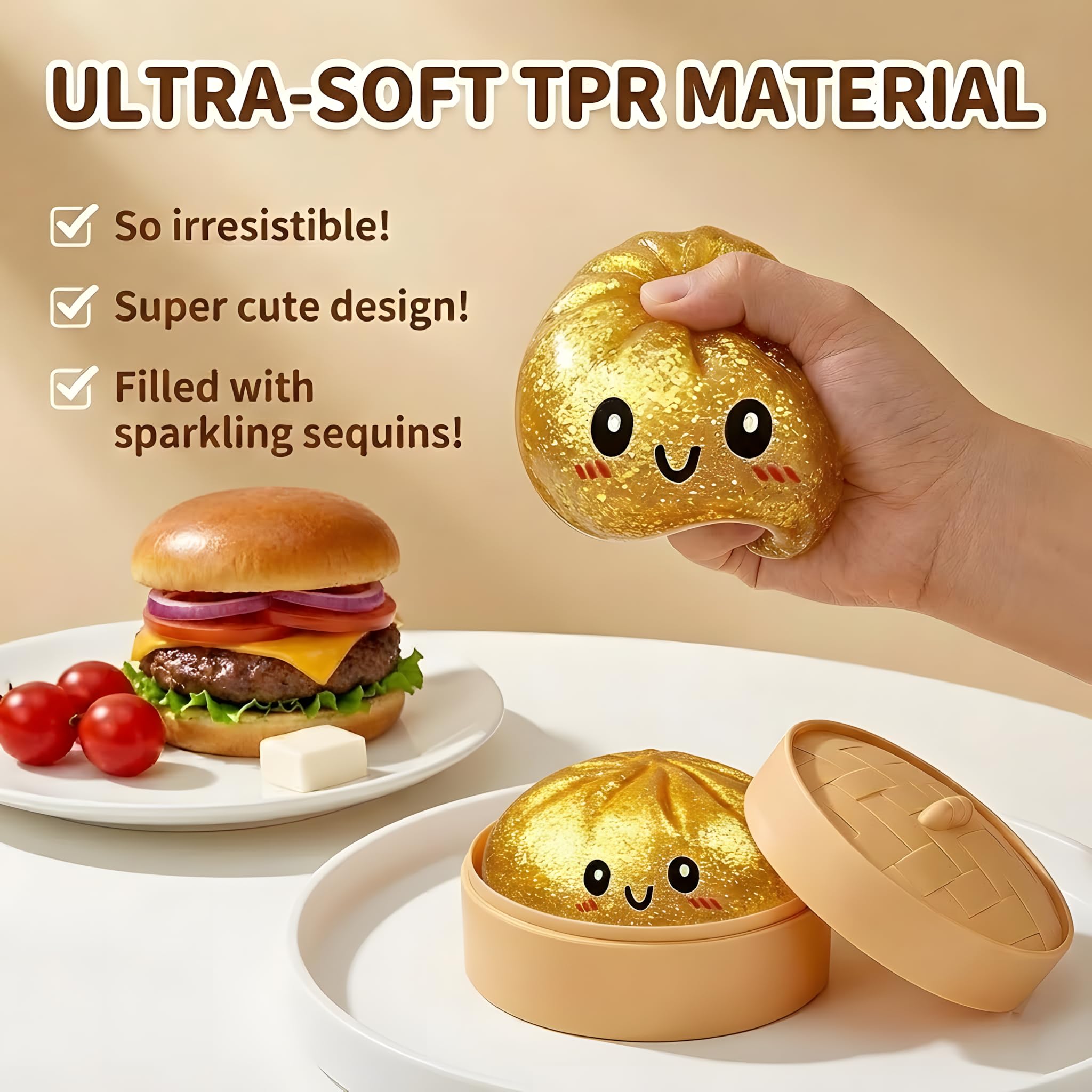 2026 New Mystery Dumpling Squishy with Steamer Box, Glitter Dumpling Squishy Slow Rising Stress Relief Squeeze, Soft Dumpling Squishy Desk Accessory Novelty Gift - 3