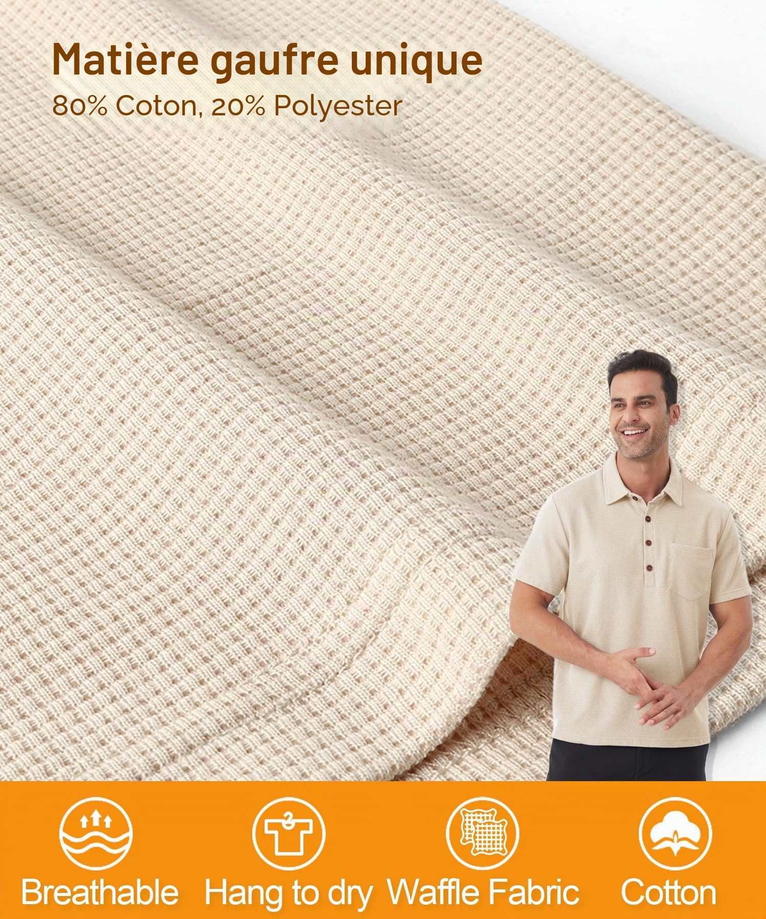 Polo Gaufre Coton Piqué T-Shirt Golf Tennis Polo à Manches Courtes avec Poche D'été
