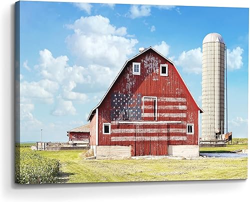 Cuadro de arte rústico para pared de granero impresión en lienzo de campo campestre con bandera estadounidense, pintura de paisaje de granja