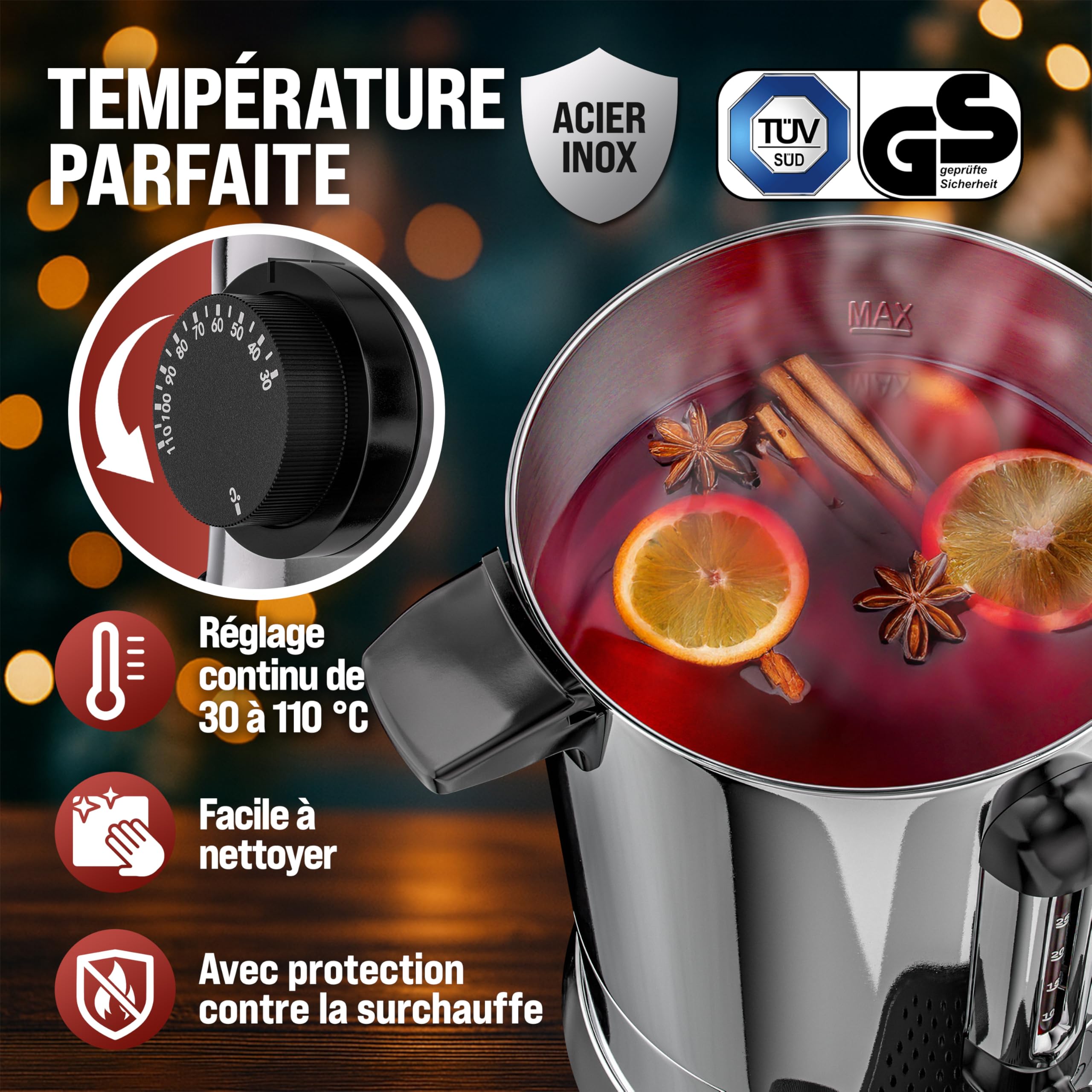 MONZANA® Distributeur de boissons chaudes 8,8L en acier inoxydable Bouilloire Marmite à vin chaud 950W Chauffe eau avec température réglable 40 tasses
