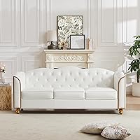 HITHOS 78" White Faux Leather 3-Seater Sofa, Tufted Mid-Century Modern Couch with Gold Trim & Solid Wood Legs for Living Room