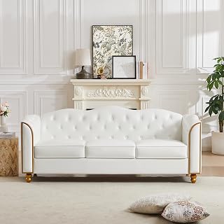 HITHOS 78" White Faux Leather 3-Seater Sofa, Tufted Mid-Century Modern Couch with Gold Trim & Solid Wood Legs for Living Room