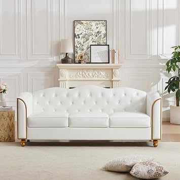 HITHOS 78" Leather Sofa Couch, Soft 3 Seater Sofa Couches for Living Room, Button Tufted Comfy Couch Modern Sofa with Upholstered Cushion, Gold Trim, Solid Wood Legs for Dorm Bedroom Apartment, White