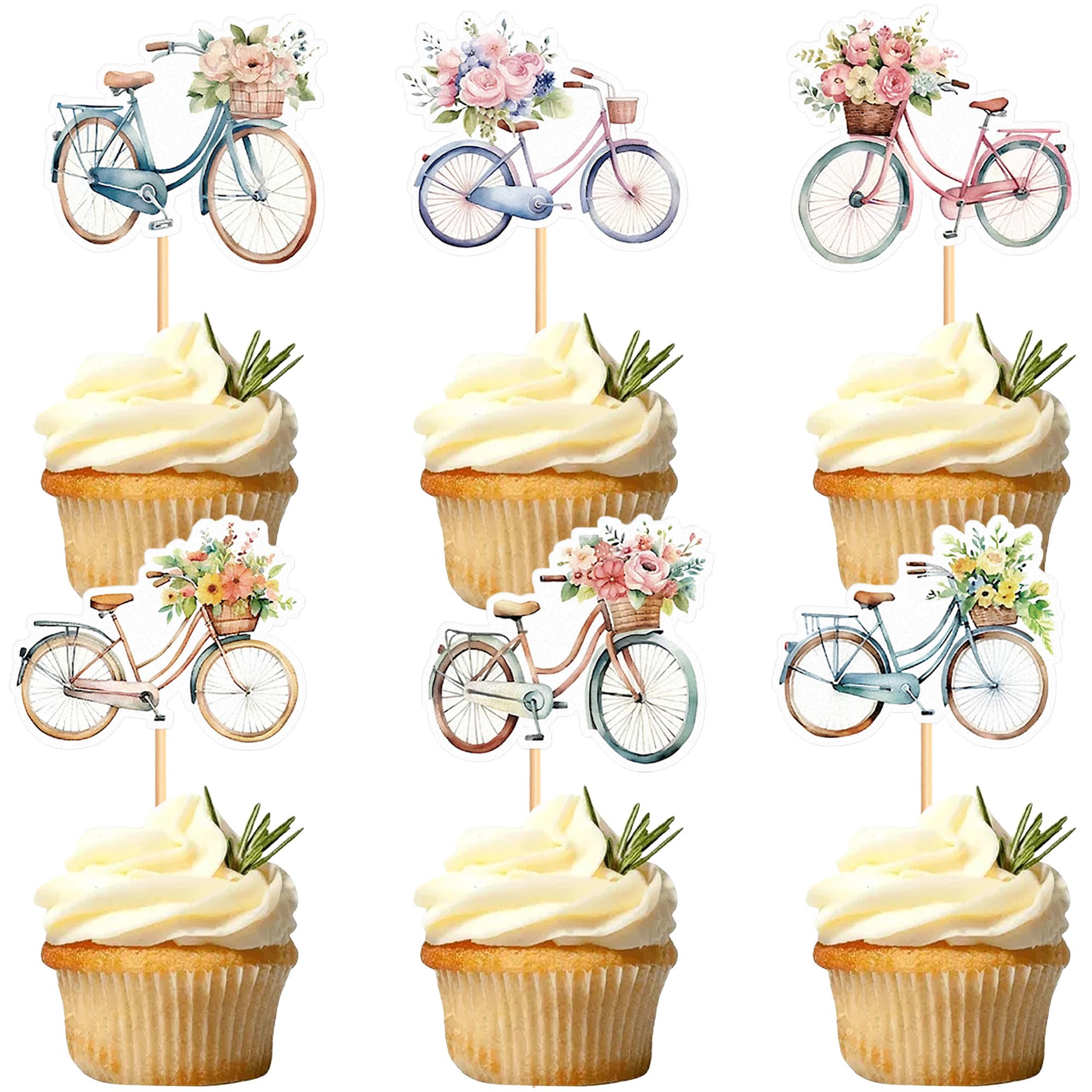Blumomon 30Pcs Watercolor Floral Bicycle Cupcake Toppers Vintage Bike Flower Basket Cake Decorations for Wedding Bridal Shower Garden Birthday Party Cake Decor Supplies