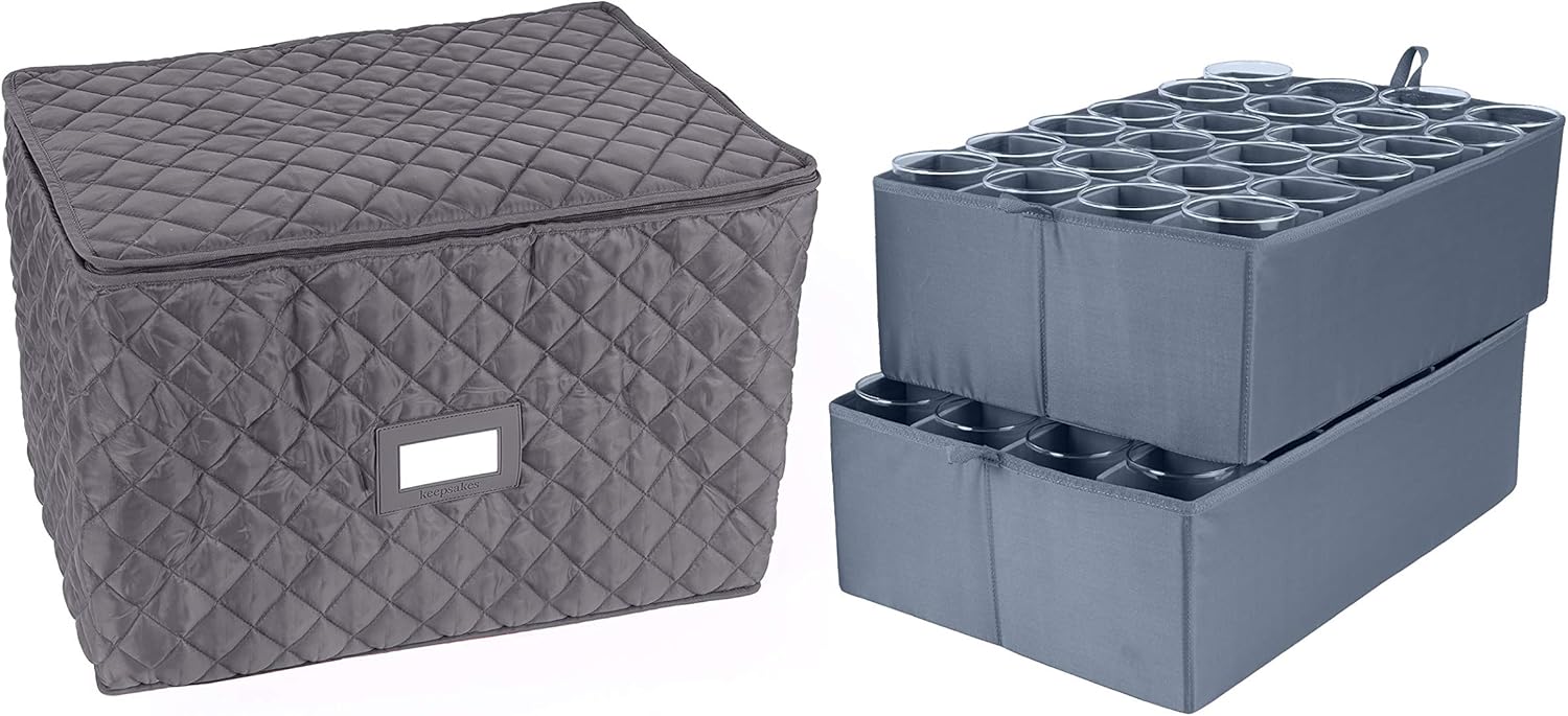 Covermates Adjustable Glassware Storage Container with FlexGrid Dividers, Padded Quilted Organizer for Wine Glasses & Stemware, Zipper Closure, ID Window, Stackable Storage, Slate