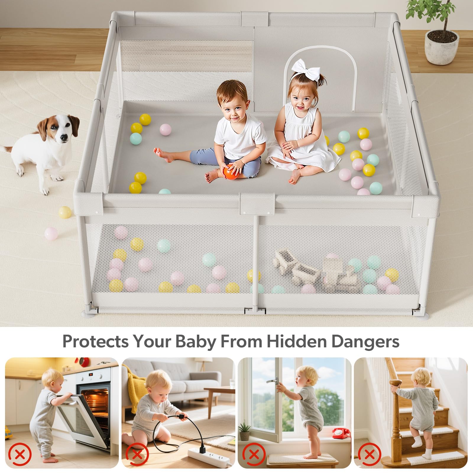 Großes Laufstall Baby 175x150x66cm - Sicherer XXL Laufgitter Baby mit Atmungsaktivem Netz, Einfacher Aufbau, Kinderlaufstall Rutschfest & Stabil für Wohnzimmer und Garten
