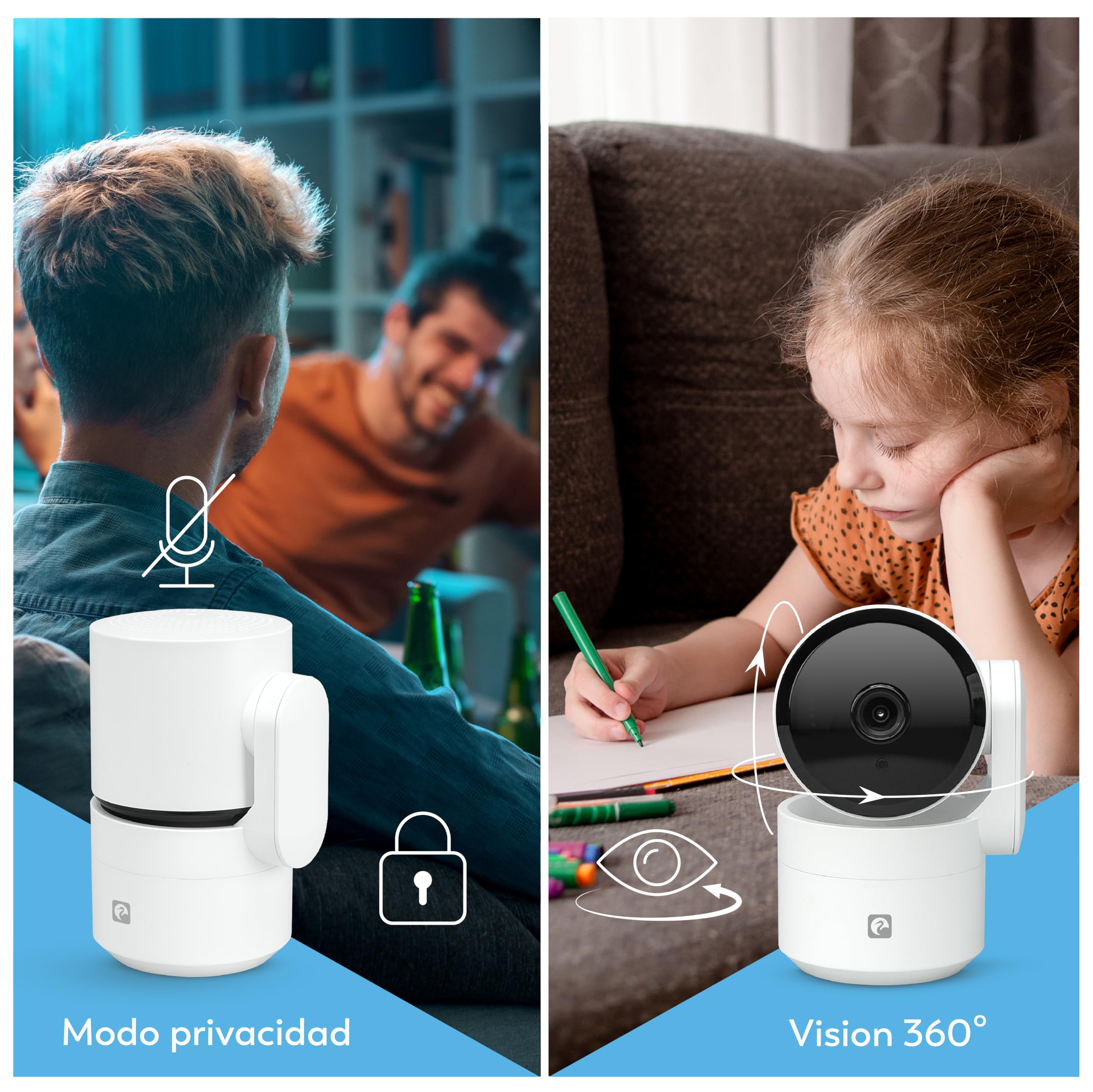 Garza - Pack Cámara de Vigilancia 360º Interior Inteligente IP WiFi 2.4GHz, 1080 HD, Visión Nocturna, Detección de Movimiento, Modo Privacidad, Control Remoto por App.