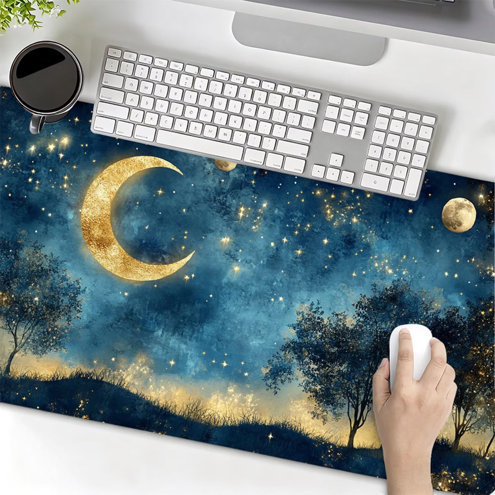 Podkładka pod mysz XXL 1200 x 400 x 3 mm podkładka pod mysz księżyc podkładka pod mysz granatowy poprawia precyzję i szybkość, wodoodporne antypoślizgowe, szyte krawędzie, akcesoria do gier, komputer