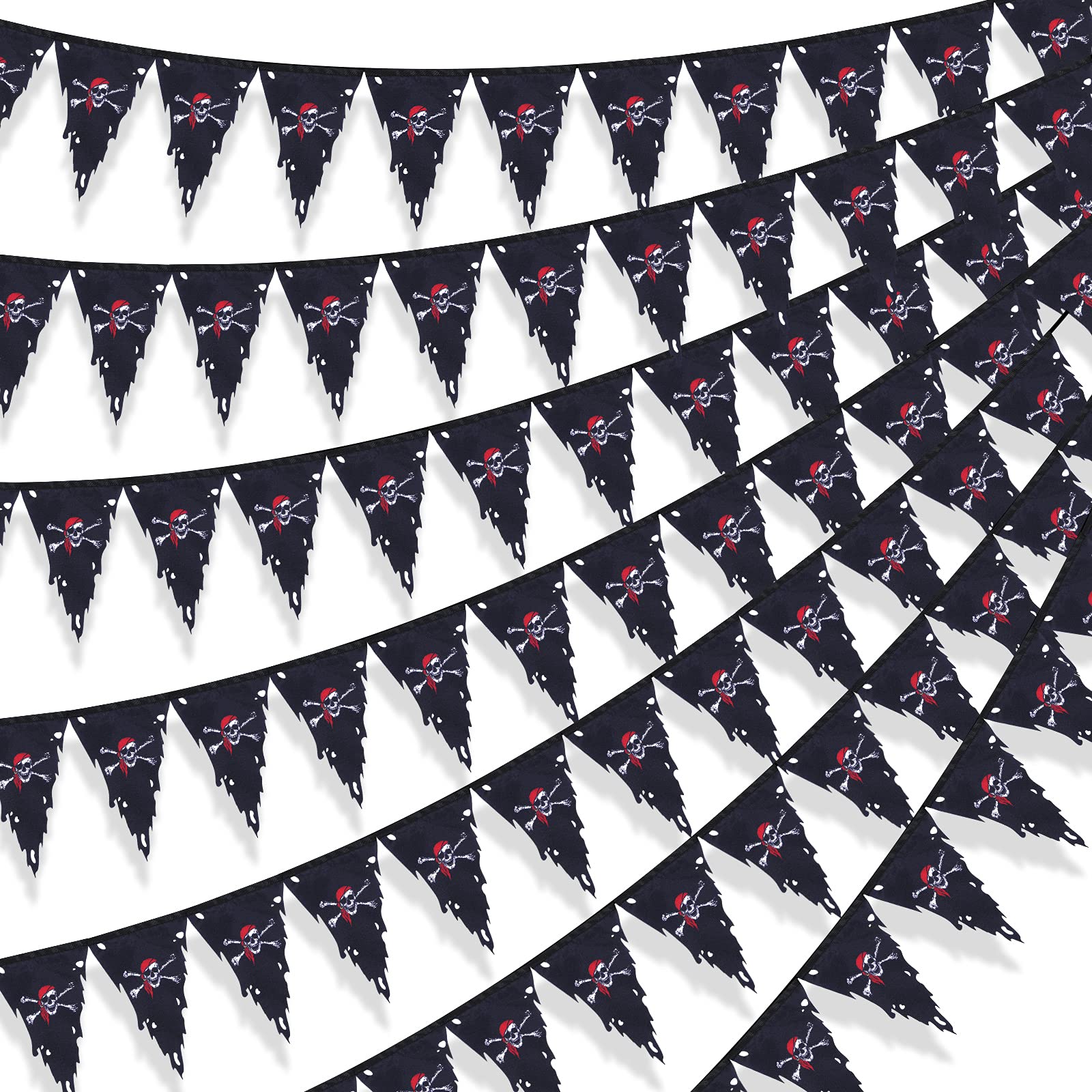 90 Feet Long Pirate Banner Jolly Roger Flag Halloween Jack Rackham Crossbones Pirate Creepy Ragged Vertical Old Skull Bone Flag for Halloween Decoration Pirate Party Supplies, 60 Flag (Natural Style)