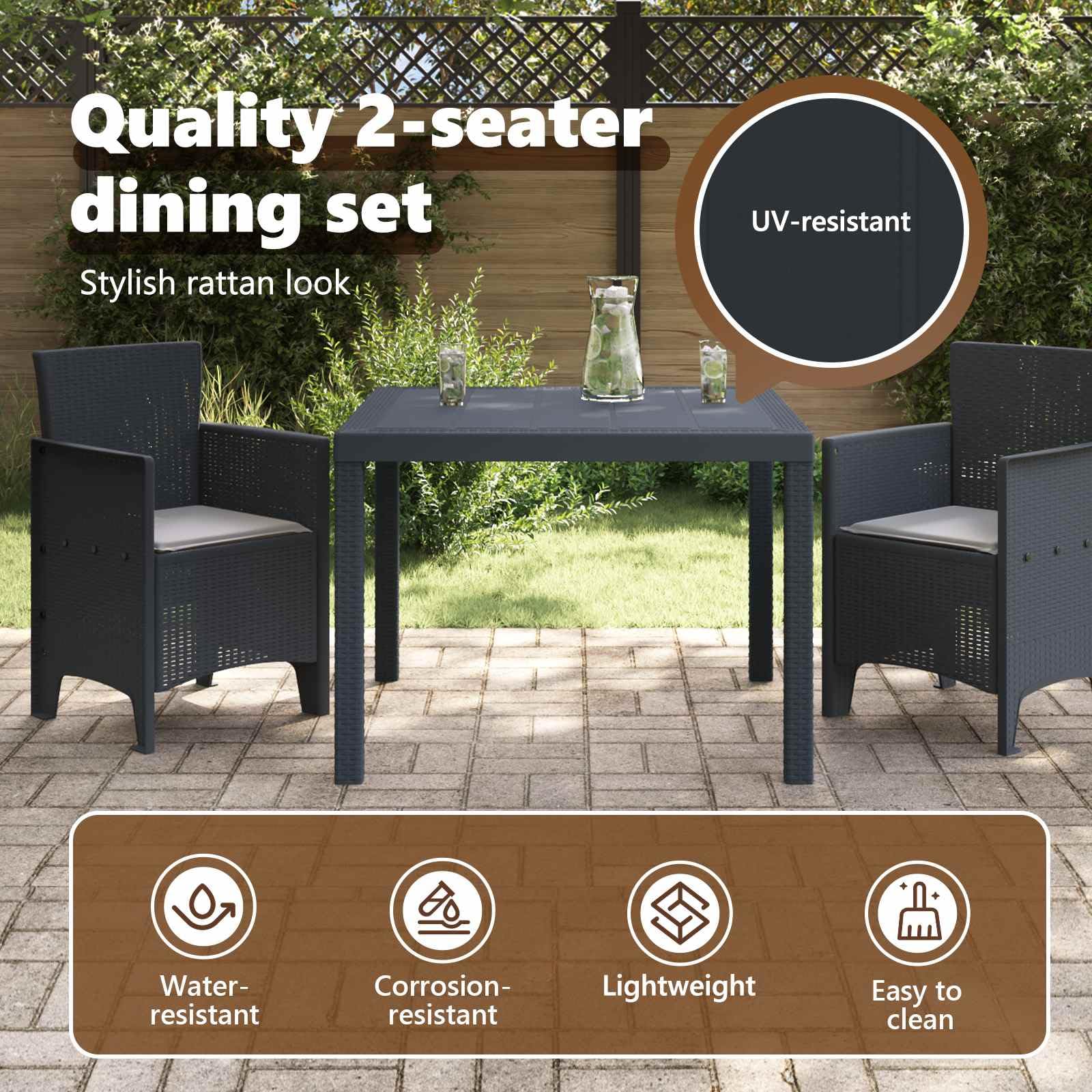 vidaXL Conjunto de Comedor de Jardín 3 uds. Antracita Polipropileno | Hecho de ratán de poliéster resistente, Ideal para usar al aire libre, Incluye cojines impermeables