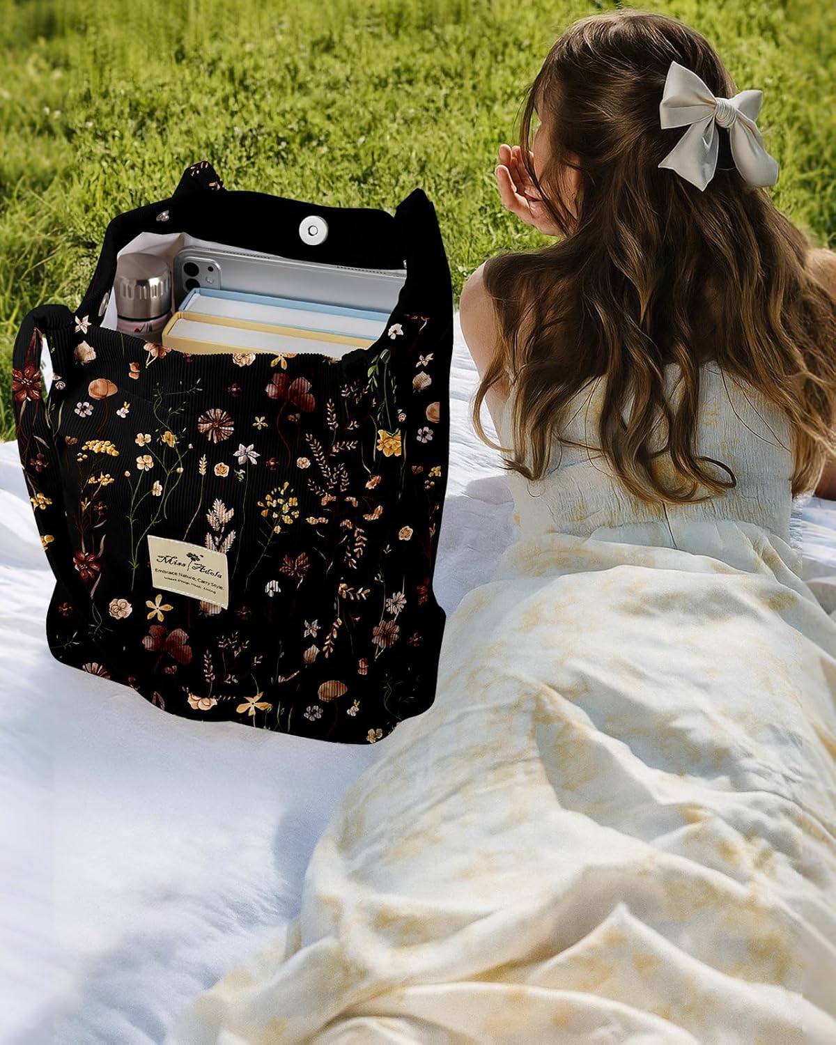 Corduroy Tote Bag for Women - Reusable Totes with Magnetic Buckle & Pocket Aesthetic Design Work Grocery Bags - Image 2