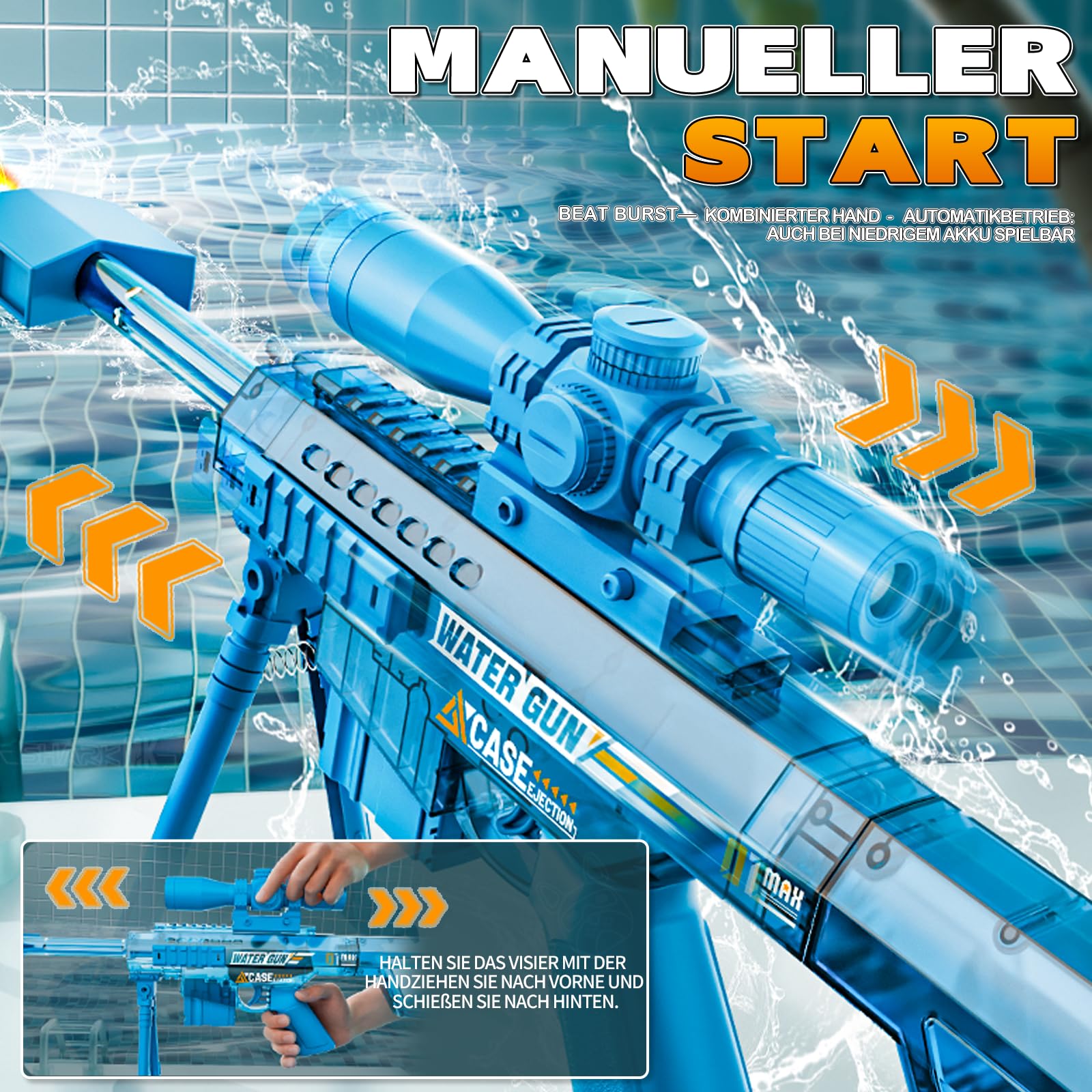 Maxee Pistola ad acqua elettrica, pistola a spruzzo automatica con un pulsante, per bambini, adulti, piscina, feste, spiaggia all'aperto, blu