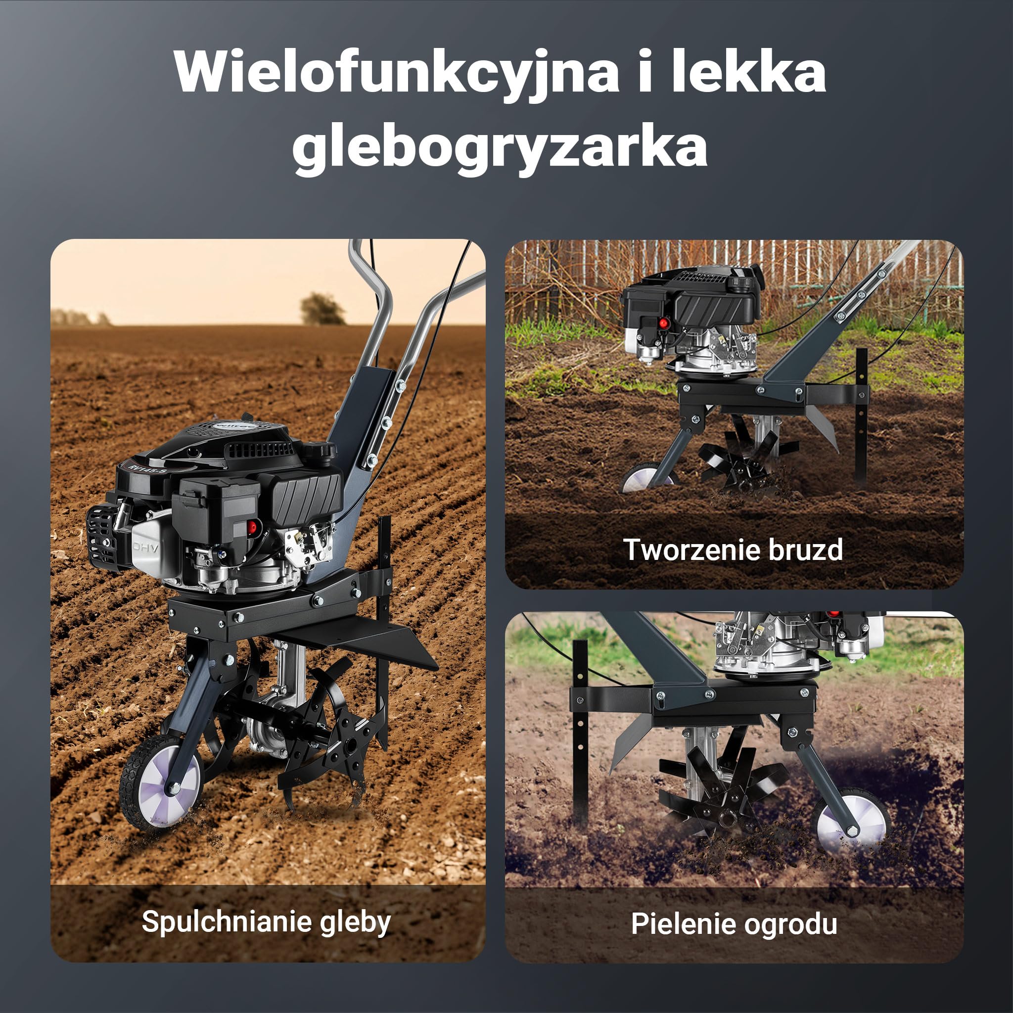 Wiltec Glebogryzarka spalinowa o szerokości roboczej 36 cm, kultywator ogrodowy z silnikiem 144 ccm 3,4 KM z 4 tarczami