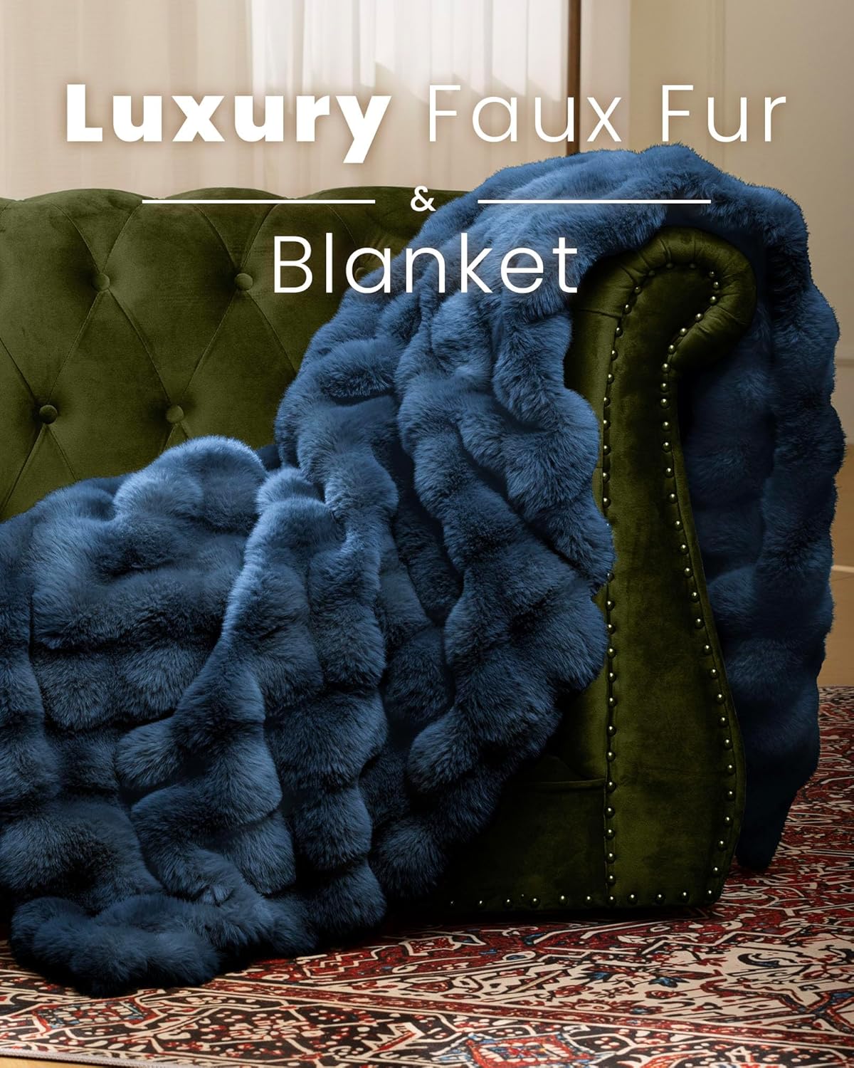 Ultra Soft Cozy Faux Fur Throw Blanket, Fuzzy Plush Thick Bubble Blanket, Oversize Luxury Fluffy Blanket for Couch, Bed, and Living Room, 60x80 Inches, Blue