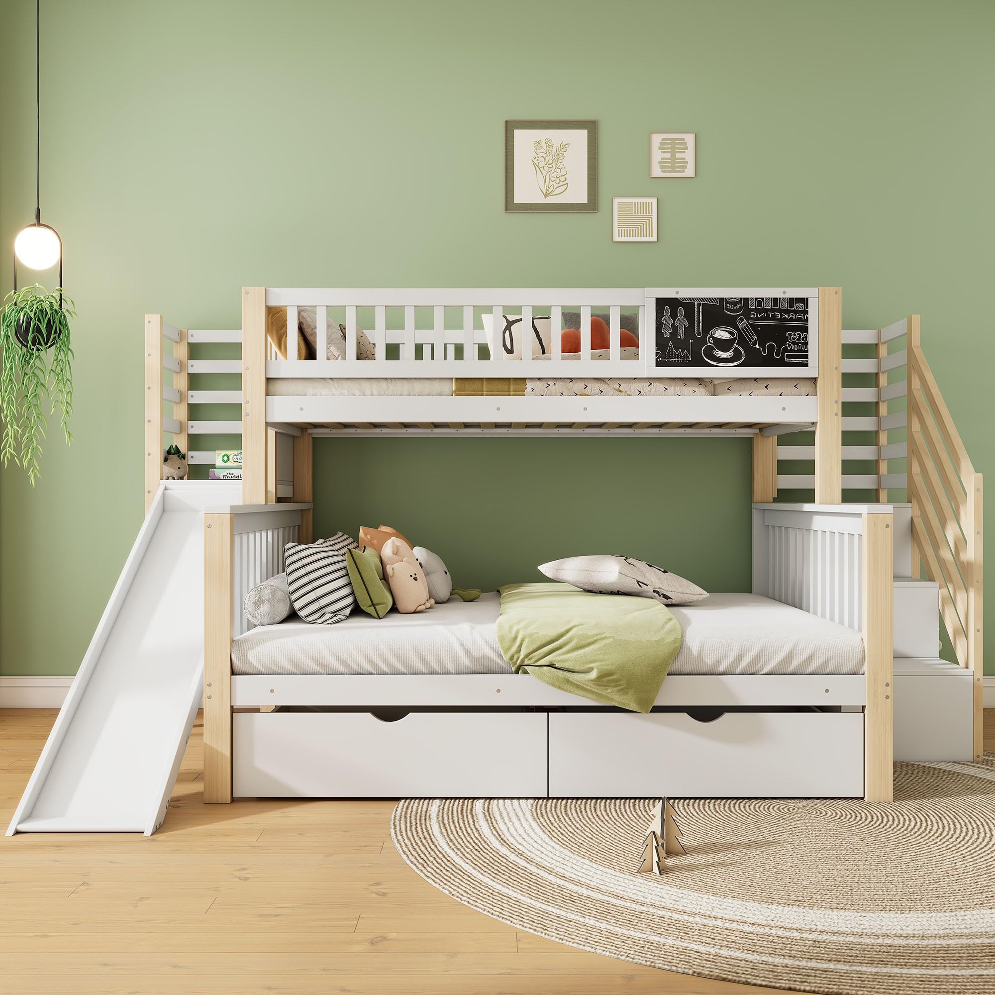 Etagenbett für 3 Kinder, Kinderbett mit Rutsche und Treppe, mit 2 Schubladen und 4 Aufbewahrungsschranken, 90x200cm+140x200cm, Funktionsbett Stockbett Jugendbett, Weiß+Natur, ohne Matratze