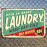 OPEN 24 HOURS LAUNDRY WASH-DRY-FOLD SELF SERVICE 50 Rustic Aluminum Wall Art & Metal Tin Sign - 8x12in Vintage Indoor Outdoor Decor for Home, Office, Cafe, Yard & Garden Farm
