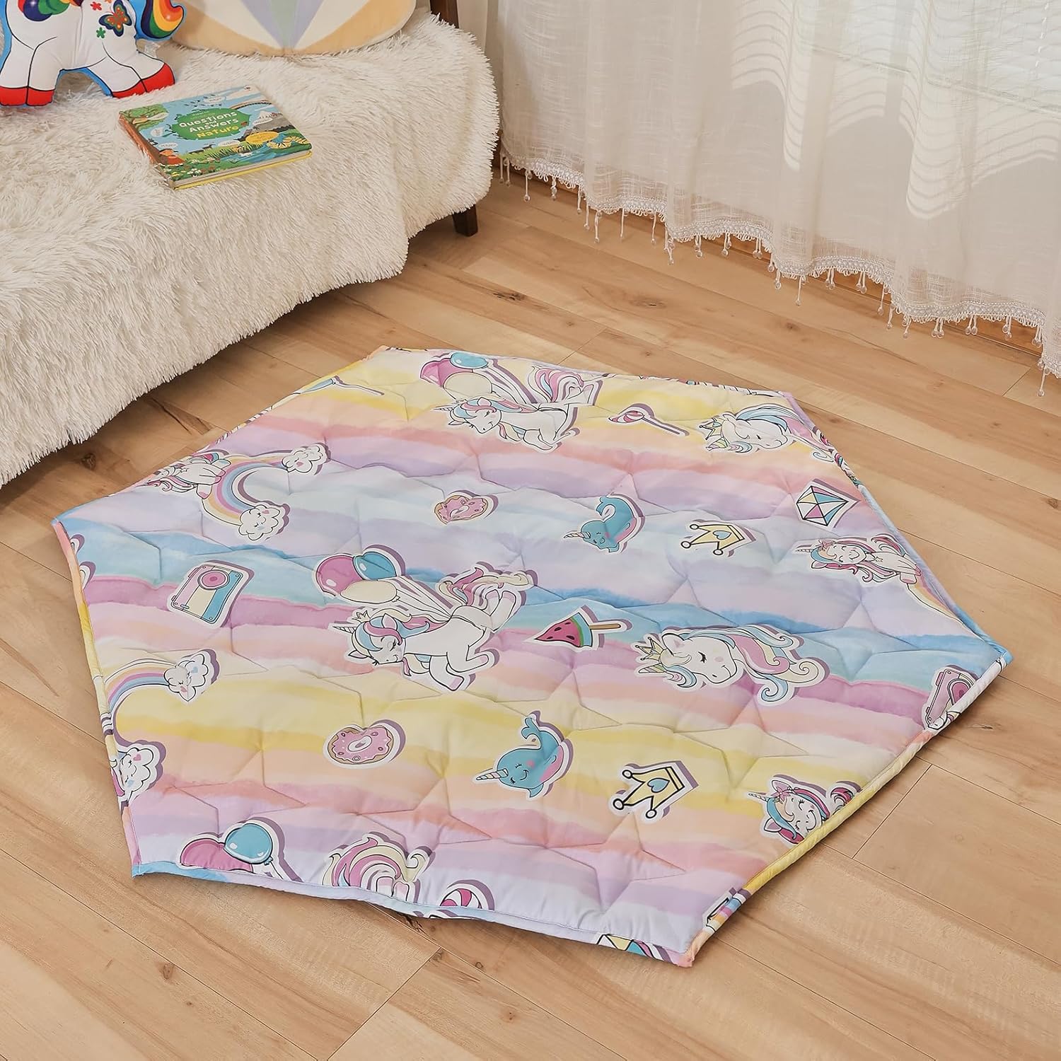 Hexagon Baby Play Mat for Floor,45"×52" Thicken Ultra Soft Playmat fits Regalo Portable Play Yard 48 Inch and Hiccapop 53" PlayPod Playpen,6 Panel Playpen Mat Non-Slip Baby Crawling Mat(Unicorn)