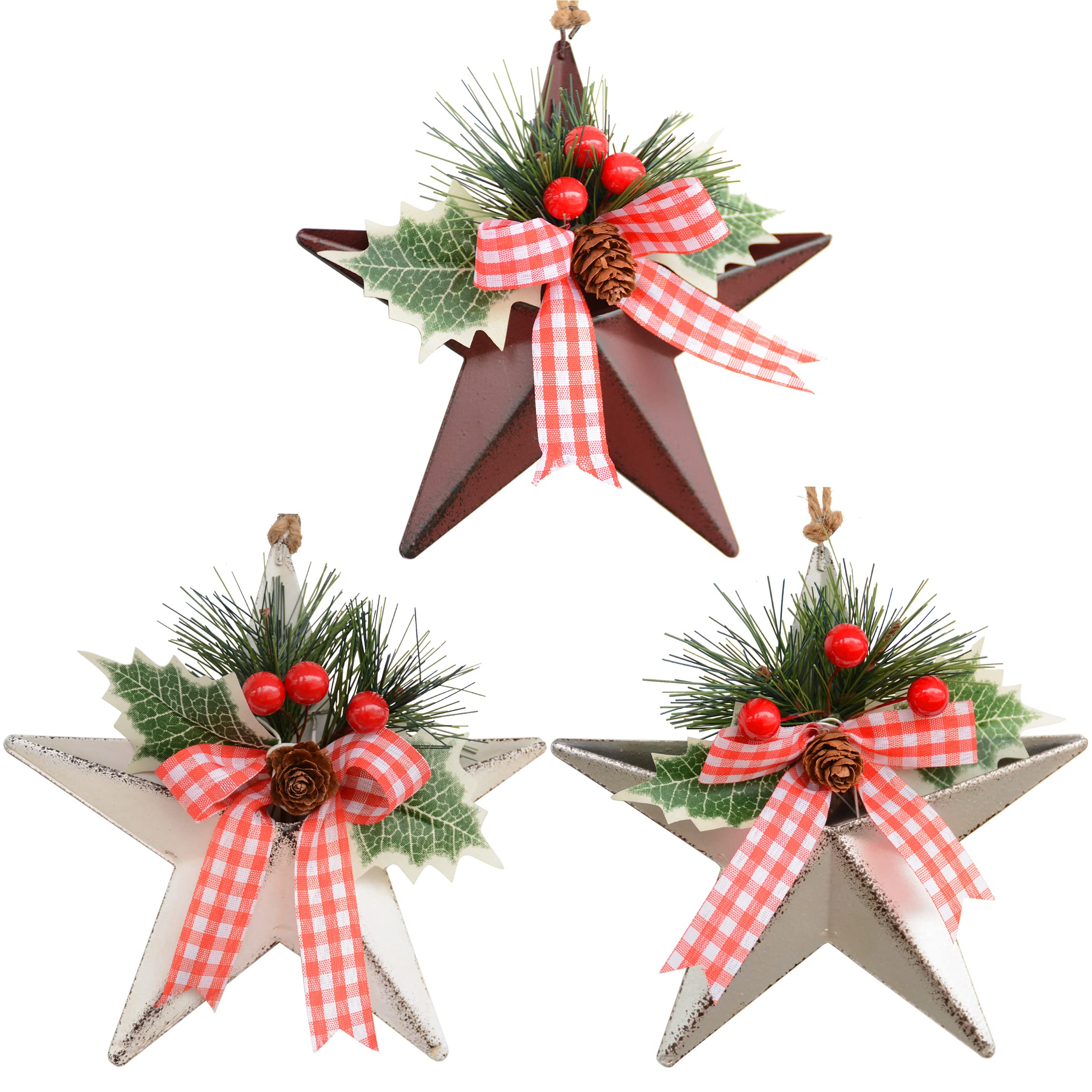 J-Fly 3 Pcs Christmas Stars Hanging Decorations with Pine Cone Holly Berry,Metal Christmas Ornament for Christmas Tree Indoor Outdoor Window Door,Holiday for Family Kids, Silver Red White