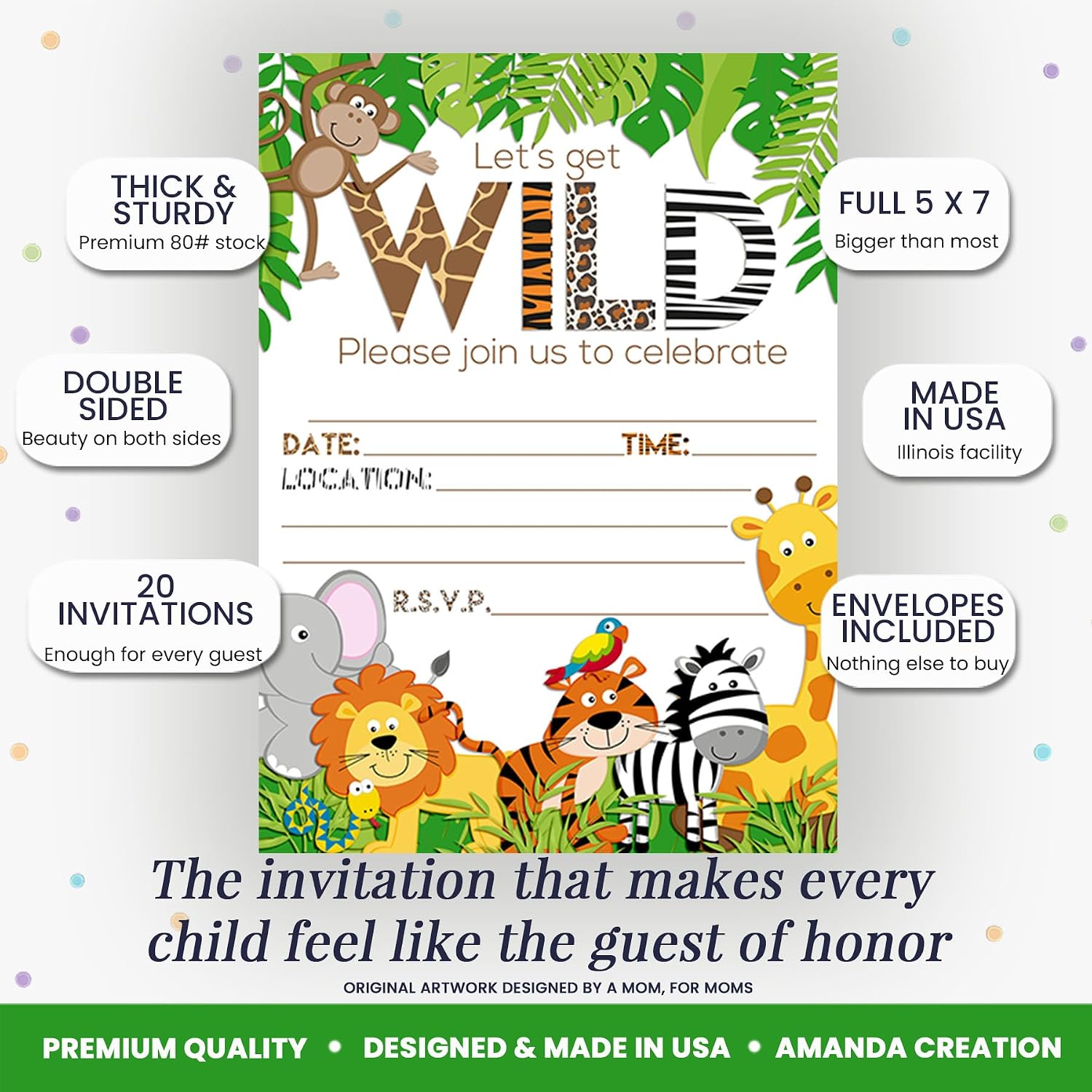 Let's Get Wild Jungle Animal Party Invitations, 20 5x7 Fill In Cards with Twenty White Envelopes by AmandaCreation