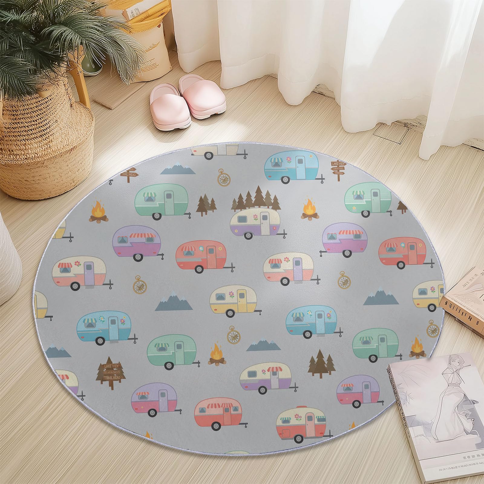 Générique Okrągły dywan samochodowy 120 cm, dywan nadający się do prania w pralce do salonu, antypoślizgowy, retro vintage nadruk kampera kempingowego do pokoju dziewczynki dziecięcej, szary