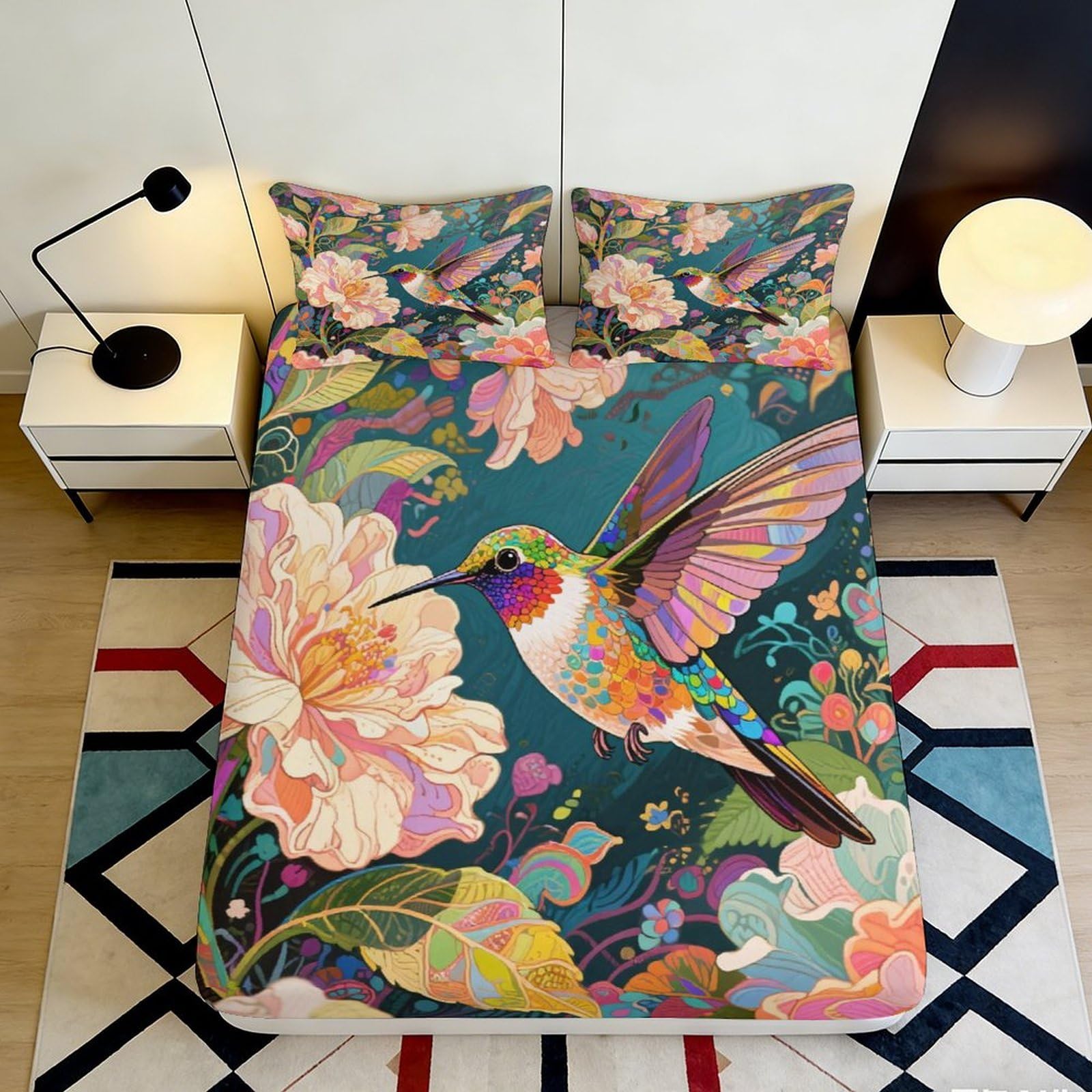 3D Printed Hummingbird Floral Fitted Sheet Microfiber Soft Breathable Bed Cover for Bedroom Guest Room Decor 90x200x25cm