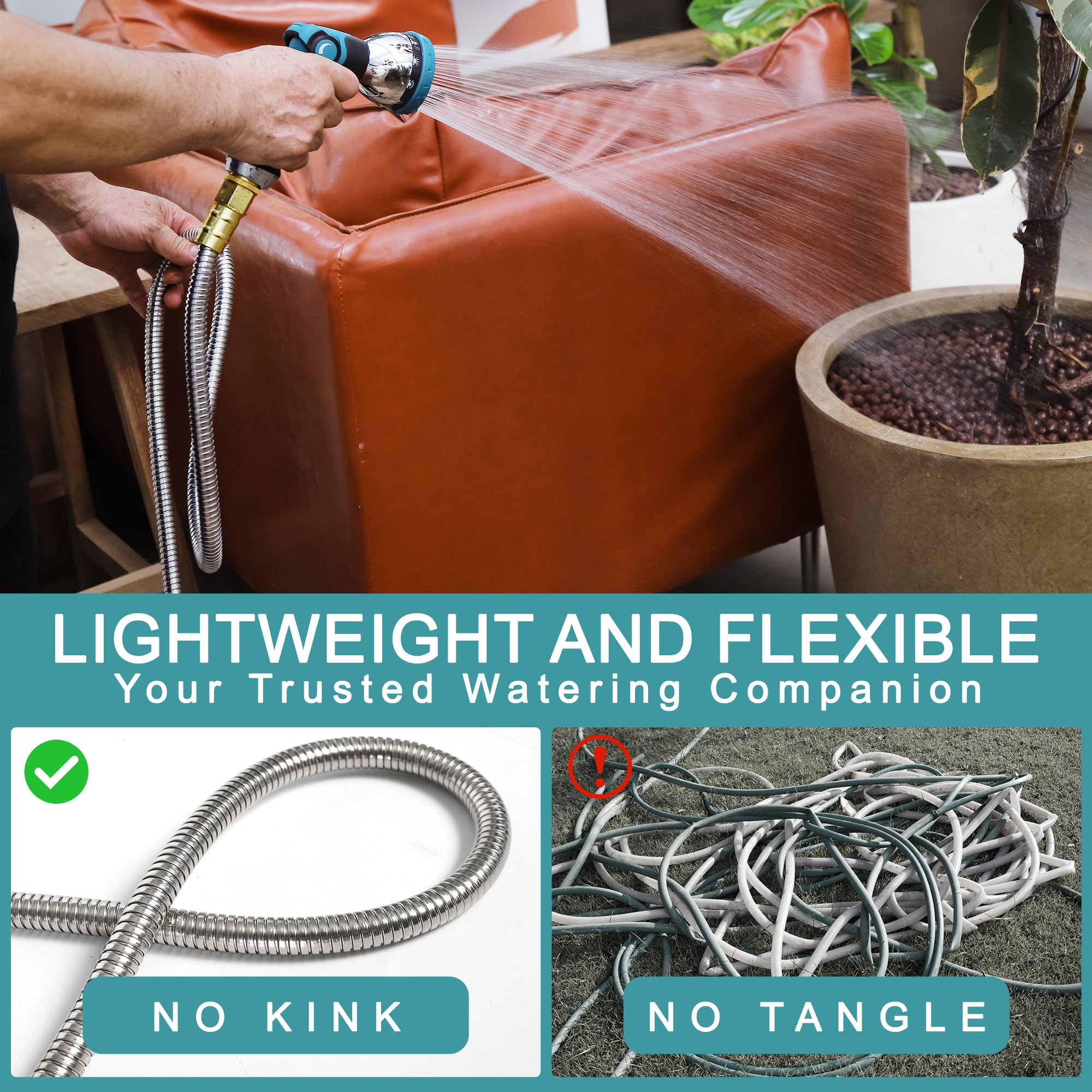 100FT Garden Hose, 304 Stainless Steel Water Hose, Flexible with a 10-Mode Nozzle Sprayer, No Kink, Lightweight, Puncture Proof, Ideal for Yard, Lawn, Outdoor