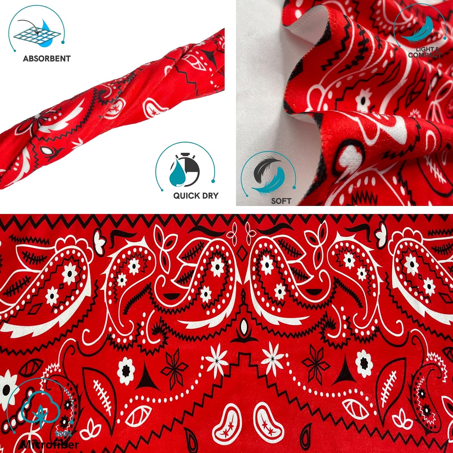 Paisley Red Bandana Sand Free Beach Towel Absorbent Bath Towel Large Hand Towels For Swimming Bathroom Spa Pool