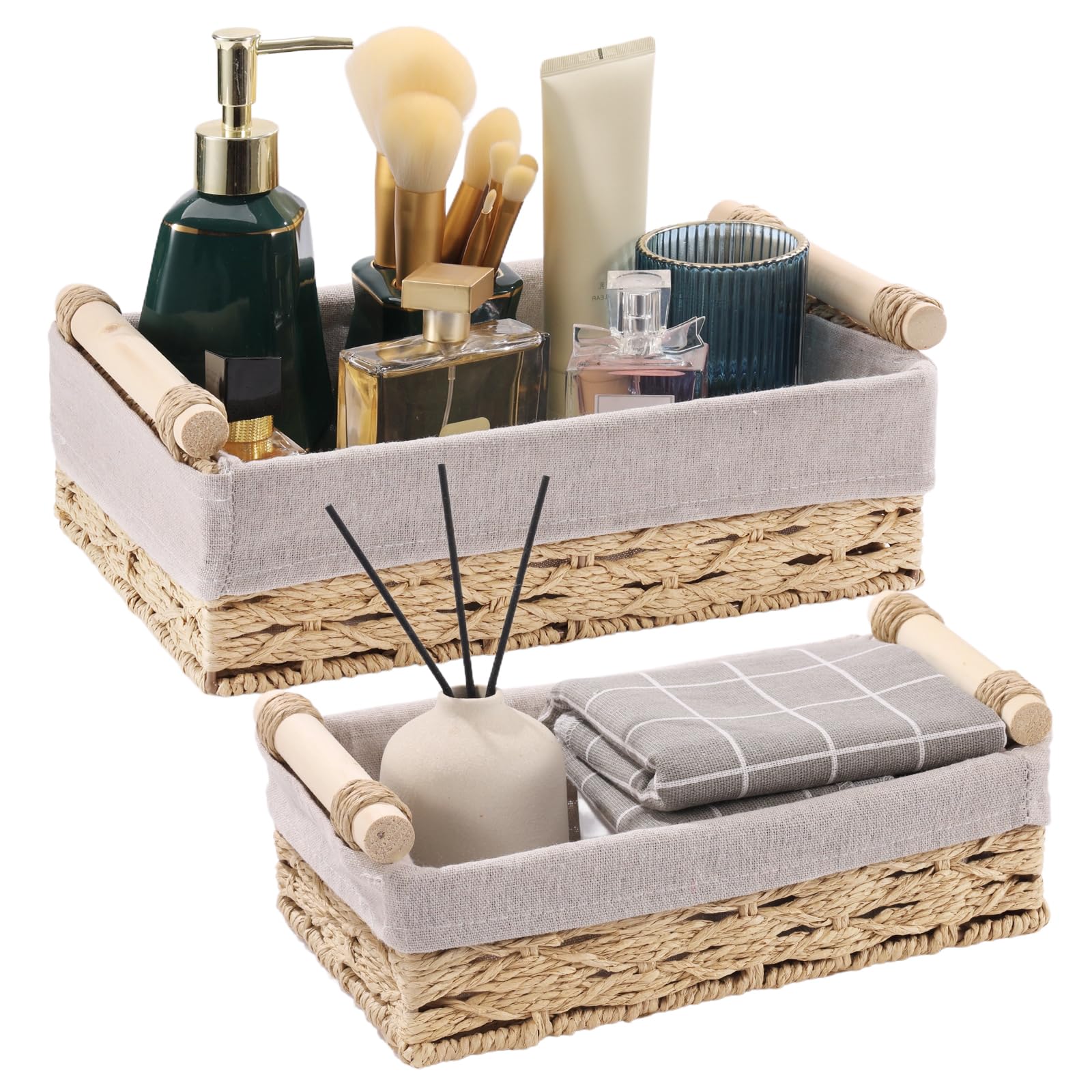 Uinfhyknd Panier En Osier Rectangulaire Avec PoignéEs En Bois Pour éTagèRes, Rangement Pour Panier En Jacinthe D', Paniers Naturels Pour Organiser B