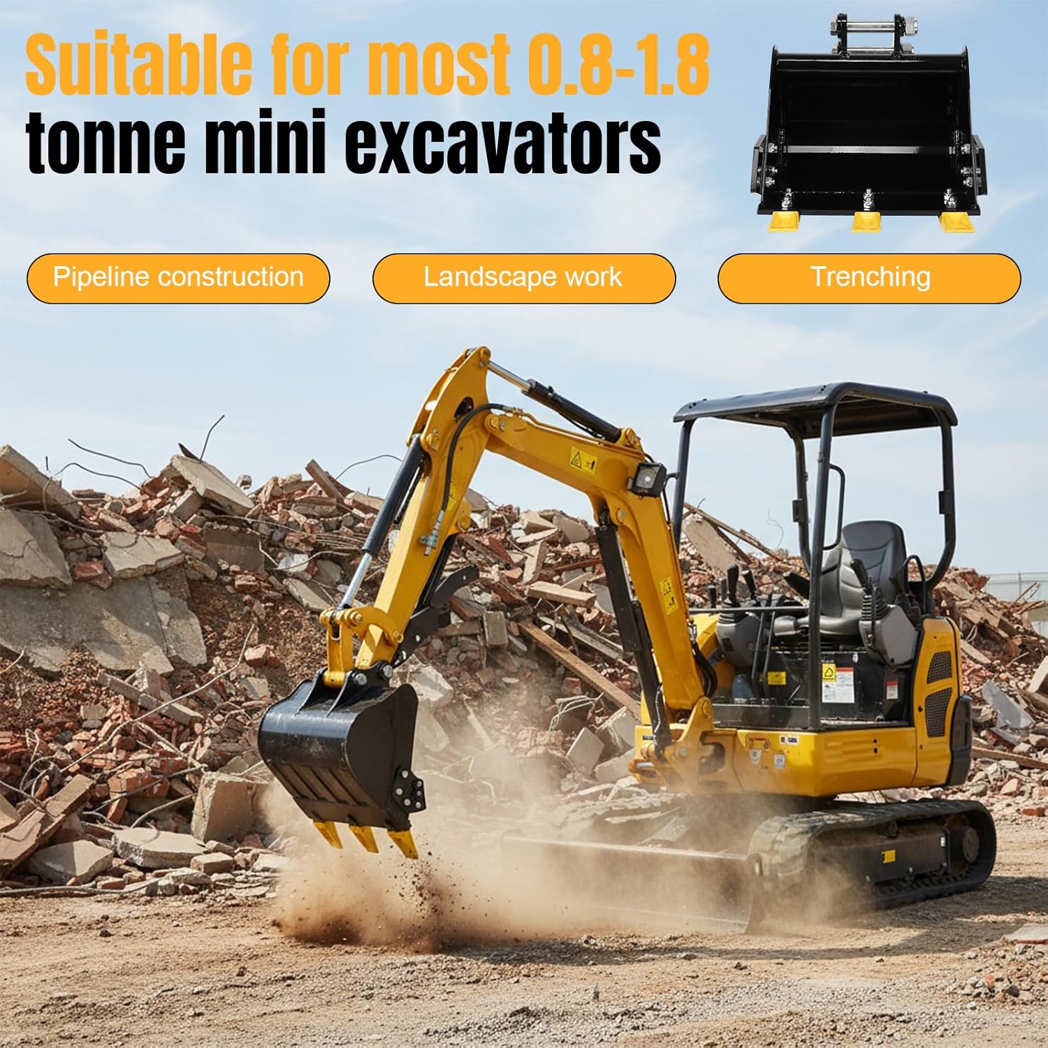 15.75in/400mm Mini Excavator Bucket for Most 0.8-1.8 Tons Small Diggers, Metal Trenching Digger, Mini Excavator Digging Bucket Attachment 0.98in Hole 3.46in Center Wheelbase with Metal Teeth