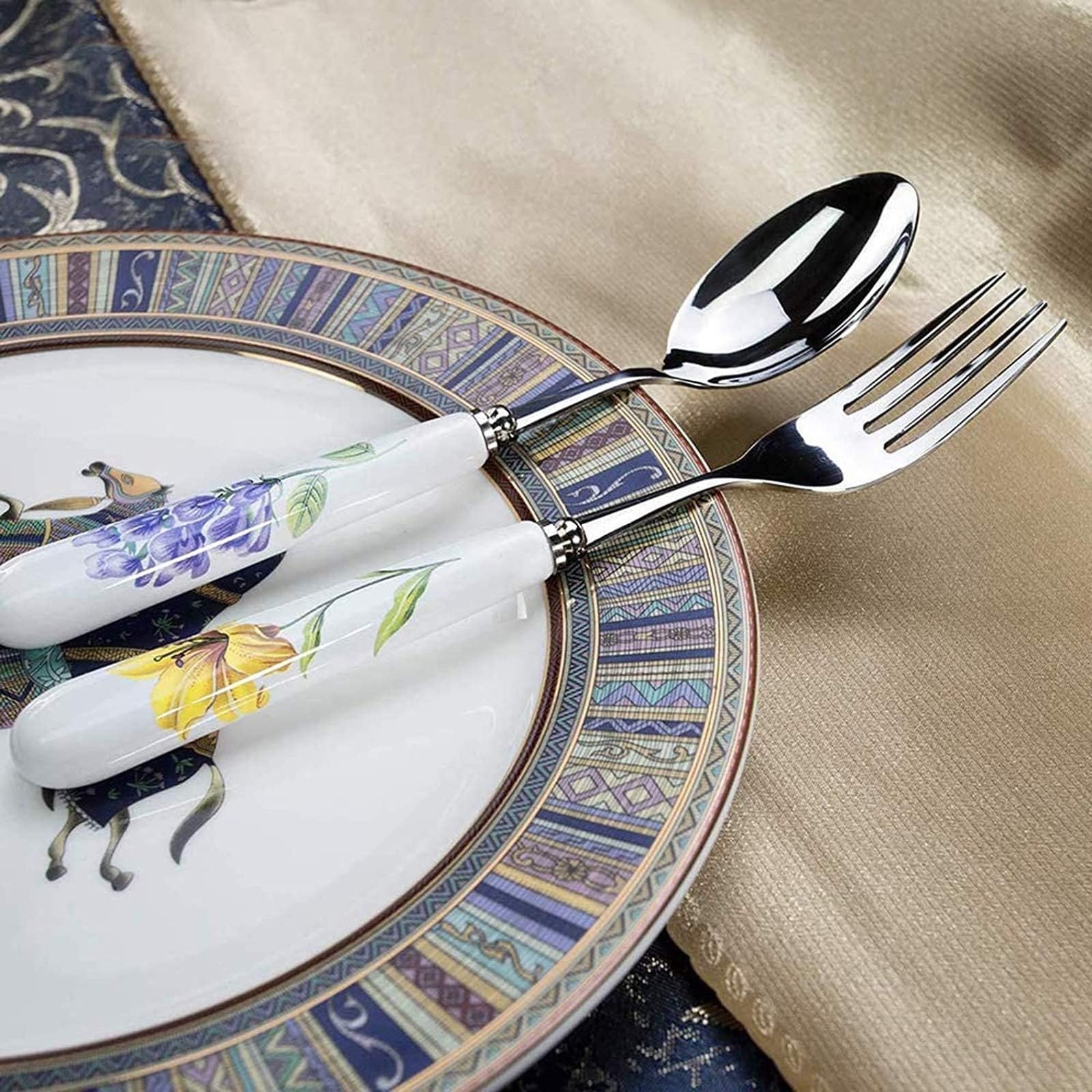 Set di posate in acciaio inox da 24 pezzi con manici in ceramica | adatto per matrimoni, Natale, compleanni