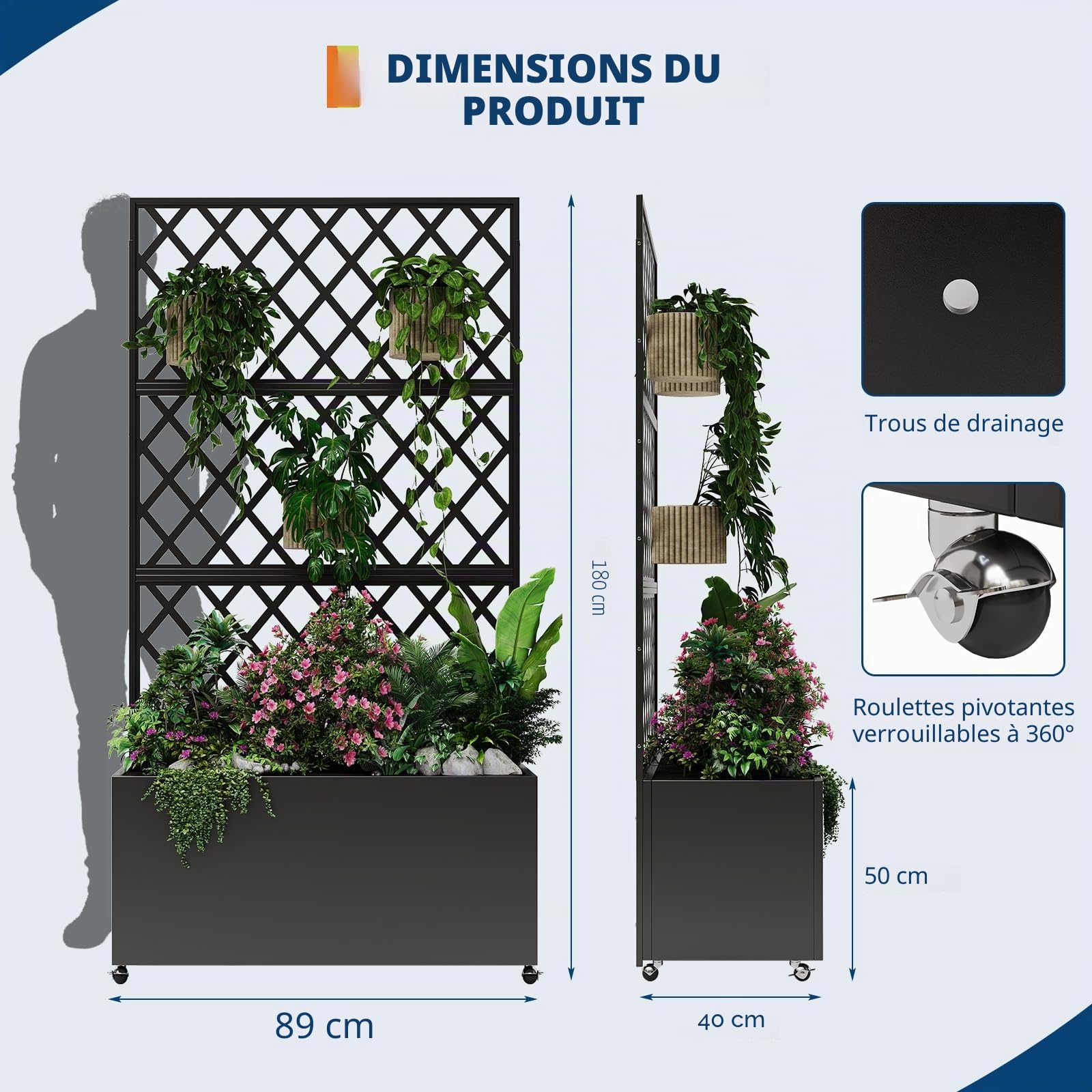 Jardinière extérieure en acier galvanisé, avec treillis et roues avec frein, trous de drainage et écran pour la confidentialité des légumes, convient pour les terrasses et balcons, 89 x 180 cm
