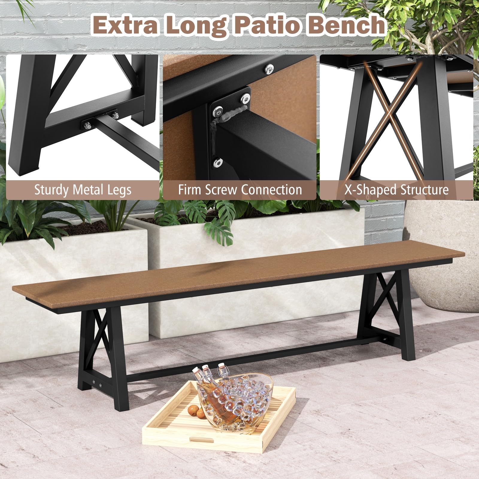 KOMFOTTEU Panchina da Giardino 3-4 Posti, Portata 500 kg | Panchina da Esterno in HDPE e Metallo, per Cortile, Parco, Terrazzo, 183 x 35 x 41,5 cm, Marrone e Nero