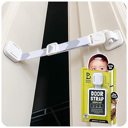 Door Buddy Baby Proof Door Lock with Adjustable Strap. No Need for Baby Gate. Child Proof Room with Litter Box While Cats Enter Easily. Installs in Seconds and Is Simple & Convenient to Use. (Grey)