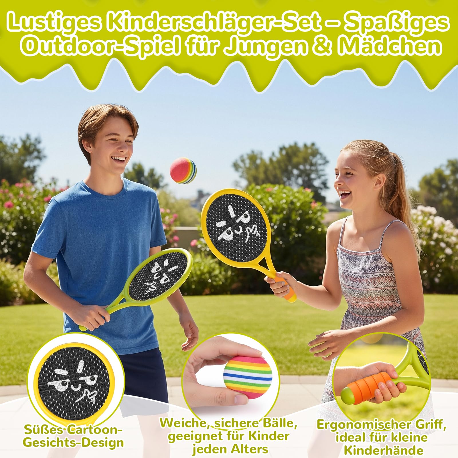 Kinder Schläger Set, Ballspiele für Draußen Kinder, Enthalten 2 Kunststoff-Tennisschläger, 2 Federbälle, 2 Tennisbälle, 2 Gummibälle, für Anfänger, Drinnen Draußen, Fördert die Sportlichen Fähigkeiten