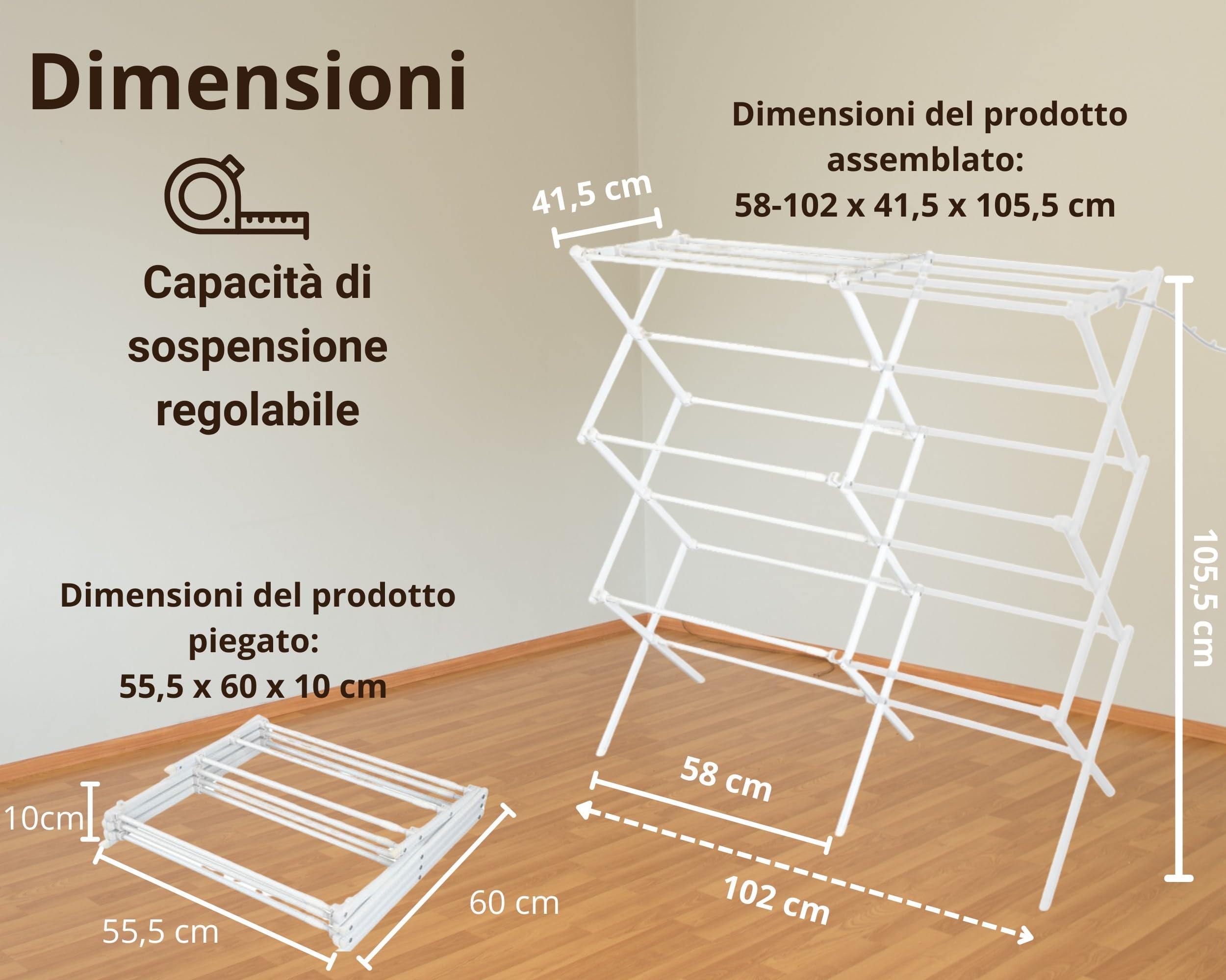 Stendibiancheria Estensibile e Pieghevole 58–102 cm | 2 Bracci Porta Appendiabiti